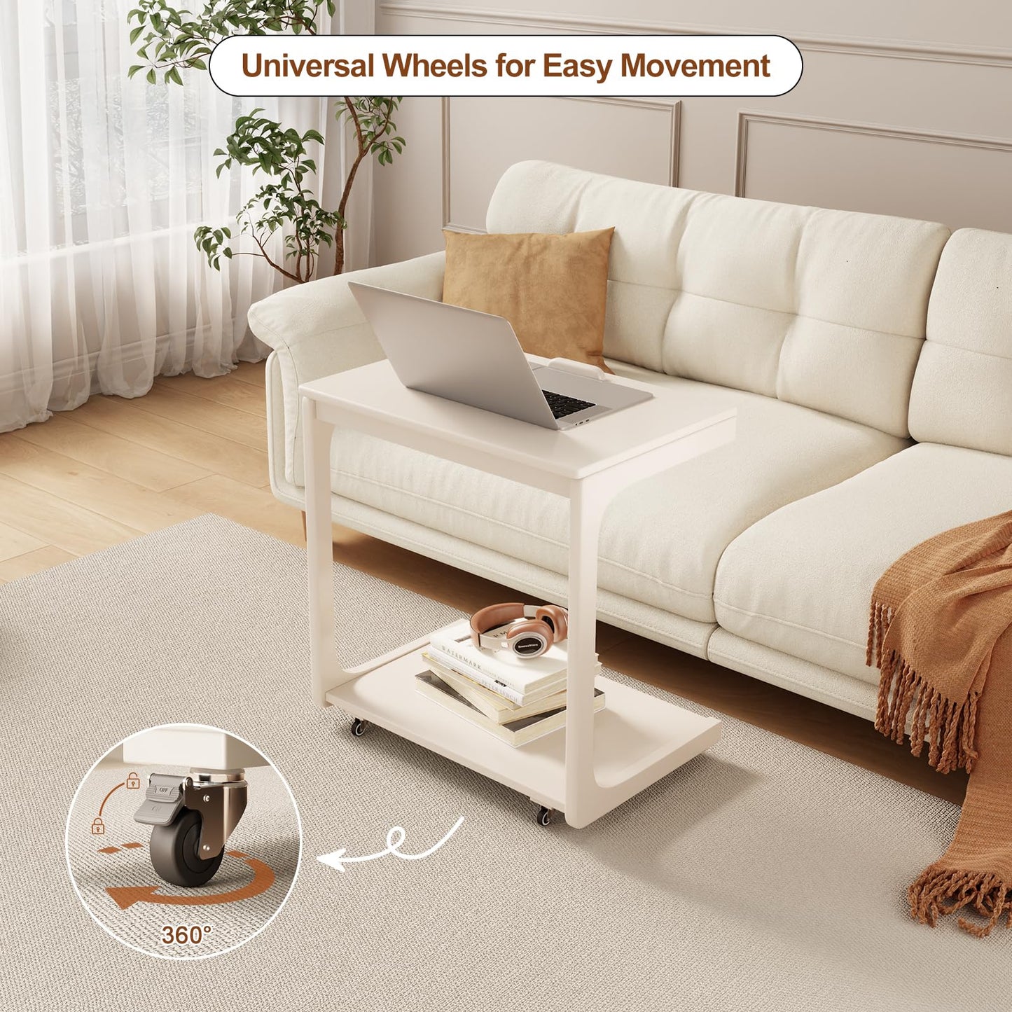AQIMUELE Wooden C-Shaped End Table,Couch Table with Adjustable Desktop,Small Rolling Side Table with 2 Lockable Wheels 23.6" Width,Small End Table for Couch, Living Room,Bedroom (White)