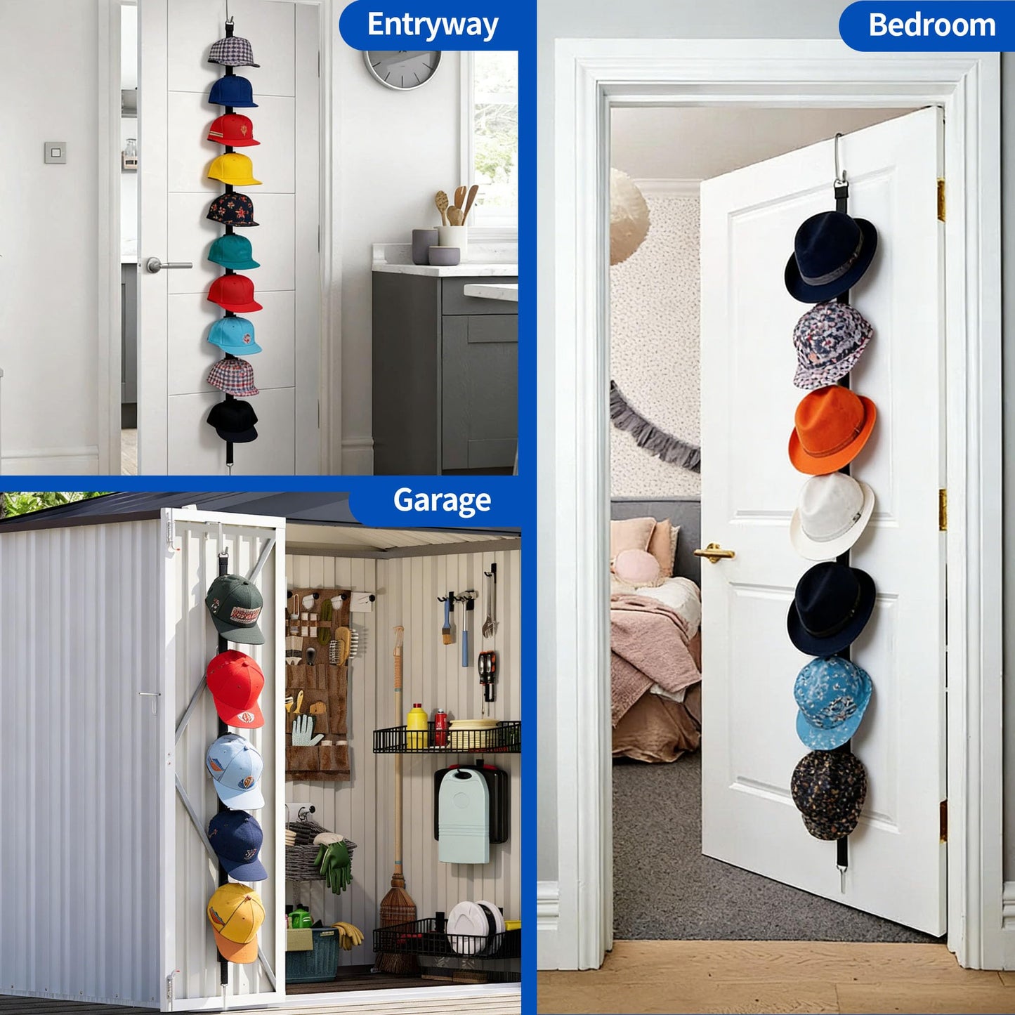 Aitsuremoom Hat Rack for Door, Over the Door Hat Organizer for Baseball Caps, Adjustable Cap Storage with 10 Two-Way Hanging Display Hooks, No-Drill Space-Saving for Bedroom Closet Entryway, 1 Pack