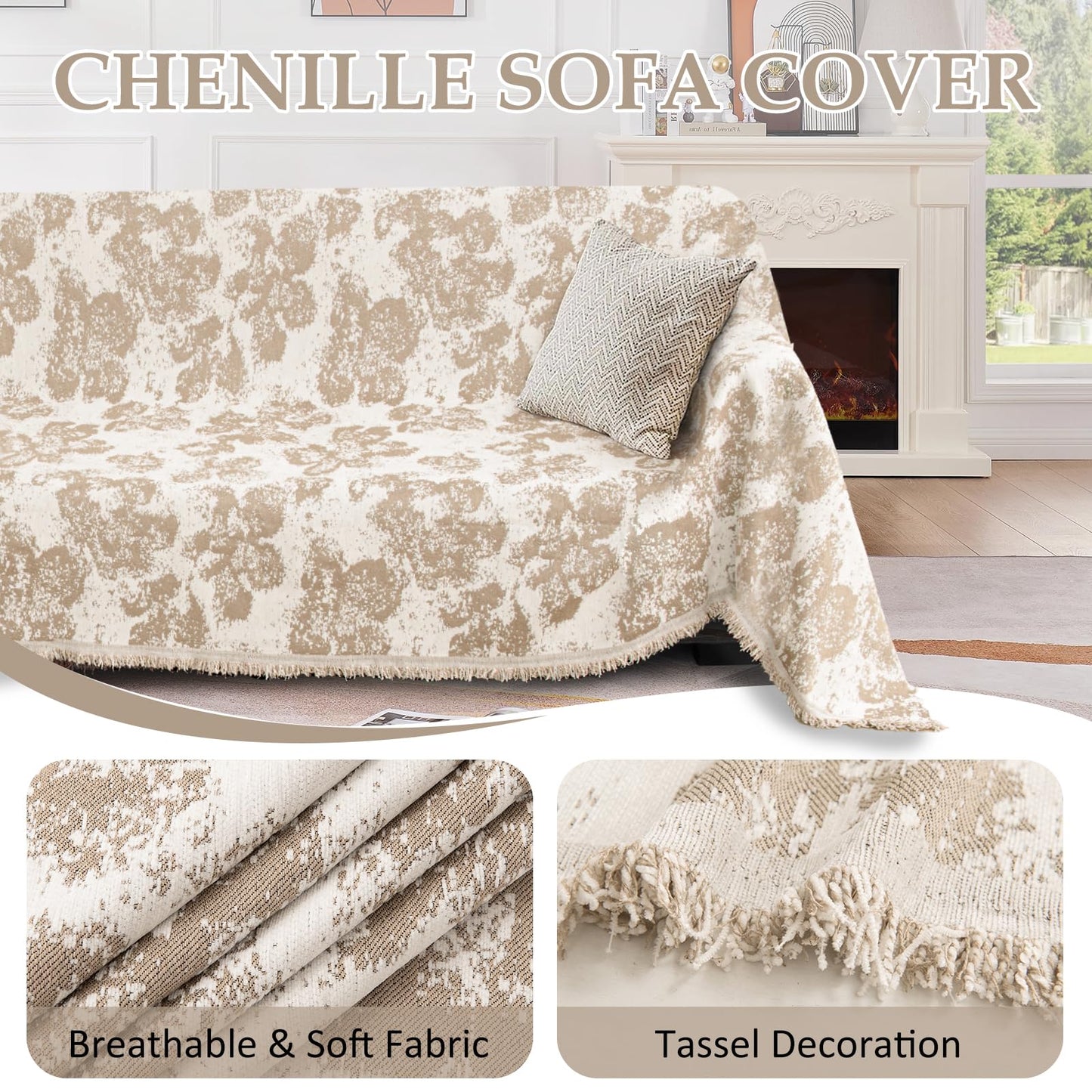 SYJOVIA 1OO% Waterproof Sectional Couch Covers for Dogs L Shaped Corner Sofa Cover Washable Chenille Sofa Slipcovers Blanket Modern Jacquard Pet Furniture Protector (91"x252", Khaki Flower Shadow)