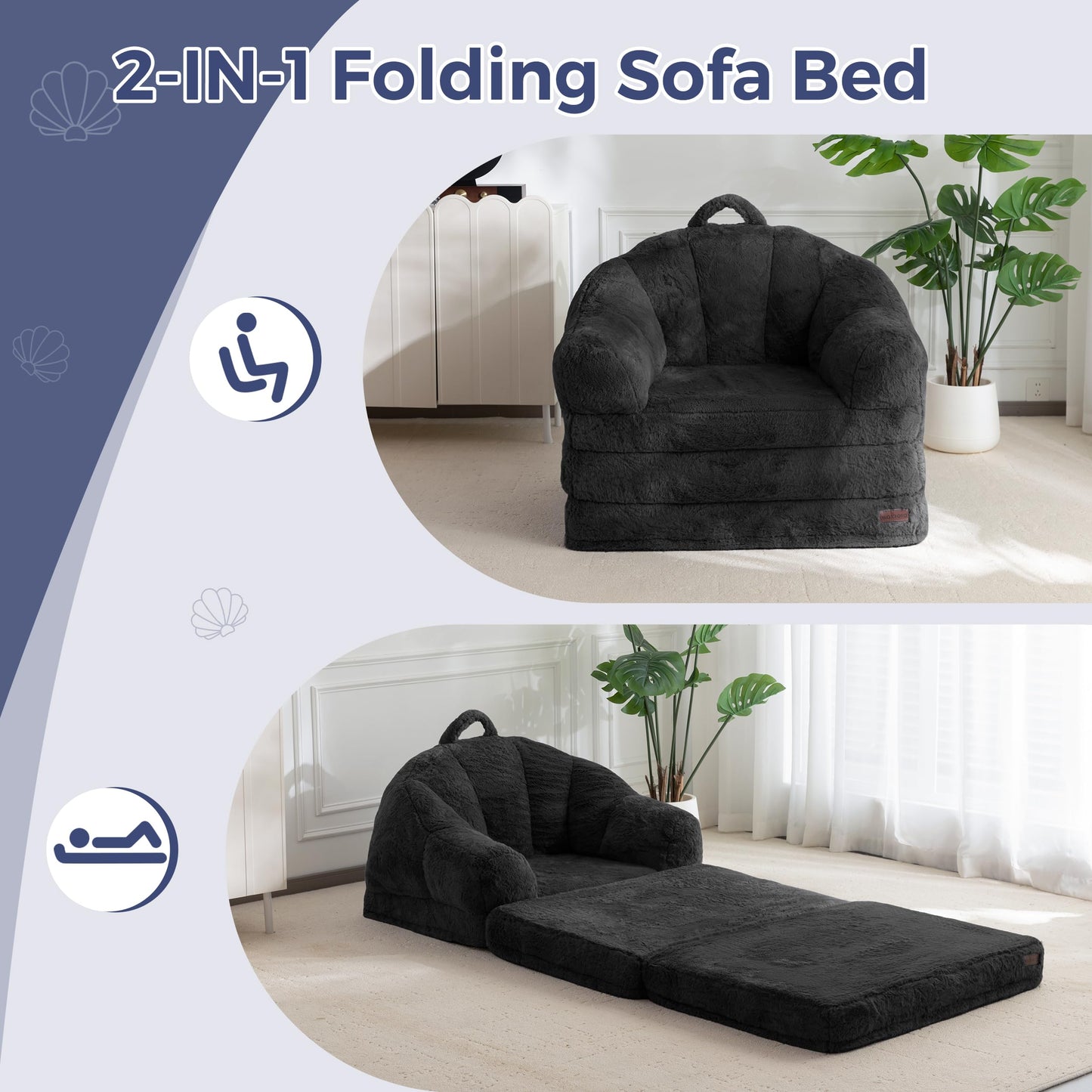 MAXYOYO Folding Sofa Bed, 2 in 1 Convertible Sofa to Lounger Comfy Single Bean Bag Chair for Adults, Floor Couch with Handle, Faux Fur Couch Bed for Living Room Bedroom, Black
