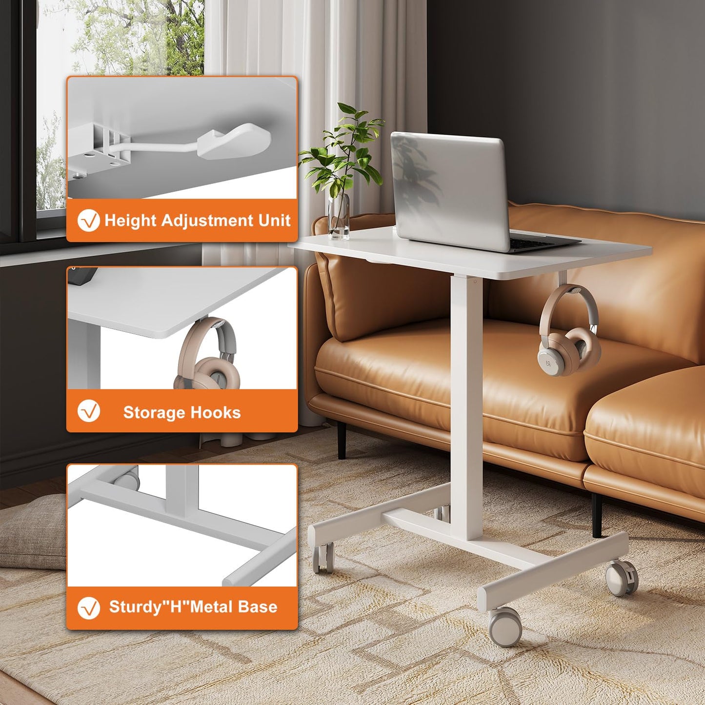Gamork 18.9 * 25.6 inch Mobile Standing Desk,T Shaped Pneumatic Adjustable Height Stand Up Desk,with Lockable Wheels,Ergonomic Standing Side Table for Home Office Work Computer Workstation White