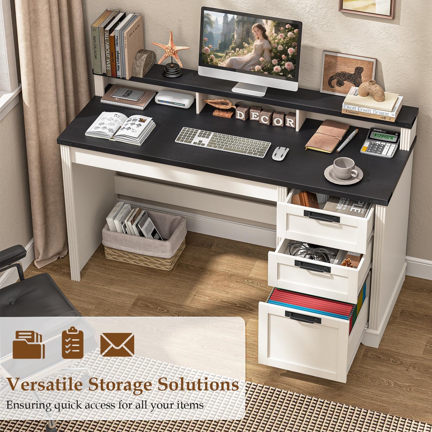 Halitaa Farmhouse Executive Desk with 3 Drawers, Computer Desk with File Drawer for A4 Sized Hanging Files, Home Office Desk for Living Room Study, Rustic White and Black