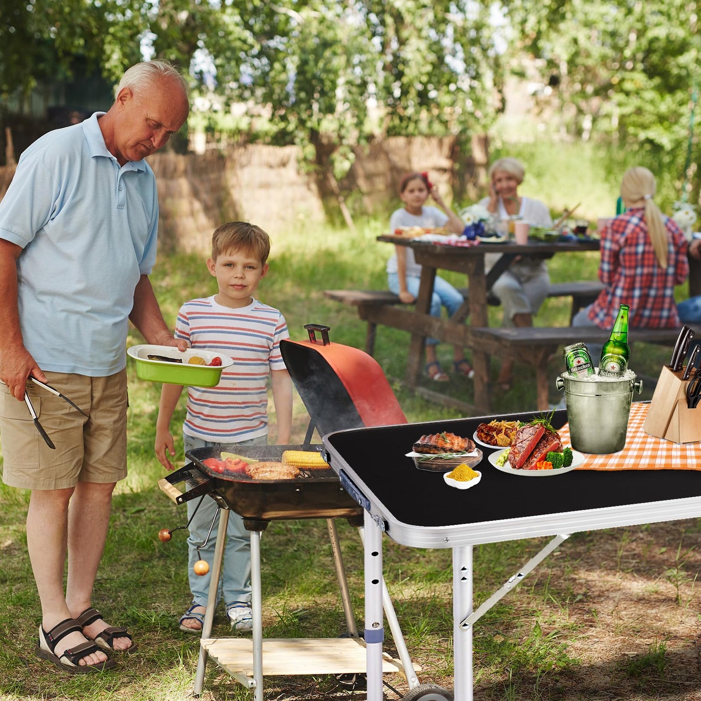 GODECOR 4.0 Ft Folding Portable Camping Table with Three Adjustable Heights, RV Tables for Inside a Camper, Outdoor, BBQ, Dining, Picnic, Cooking, Beach, Garden, Black