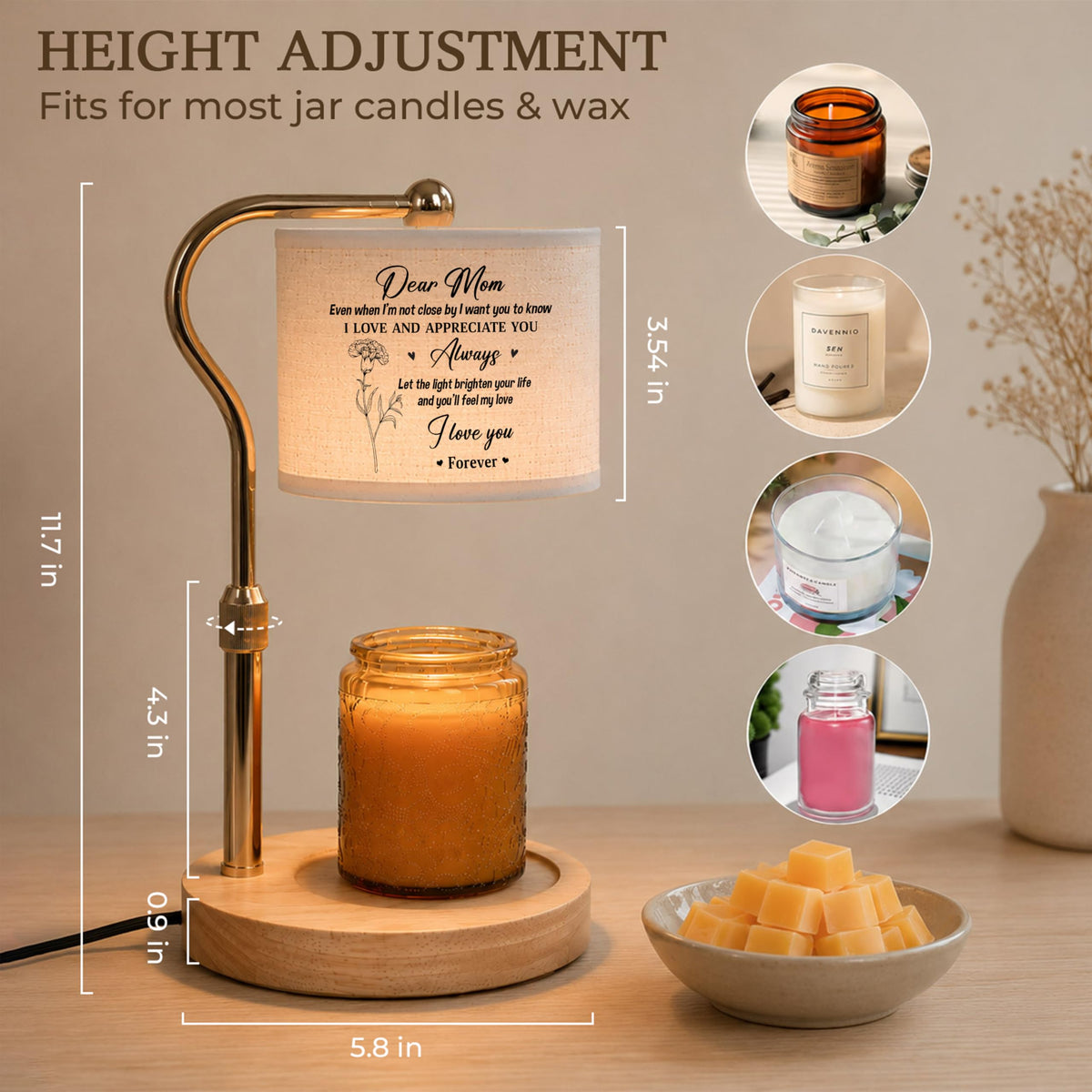 GIFTELIX Candle Warmer Lamp with Timer Dimmable - Dear Mom - Christmas Birthday Gift for Women Mom Mother from Daughter Son - Adjustable Height Wax Flameless Melter with 2 Bulbs - Cozy Home Decor
