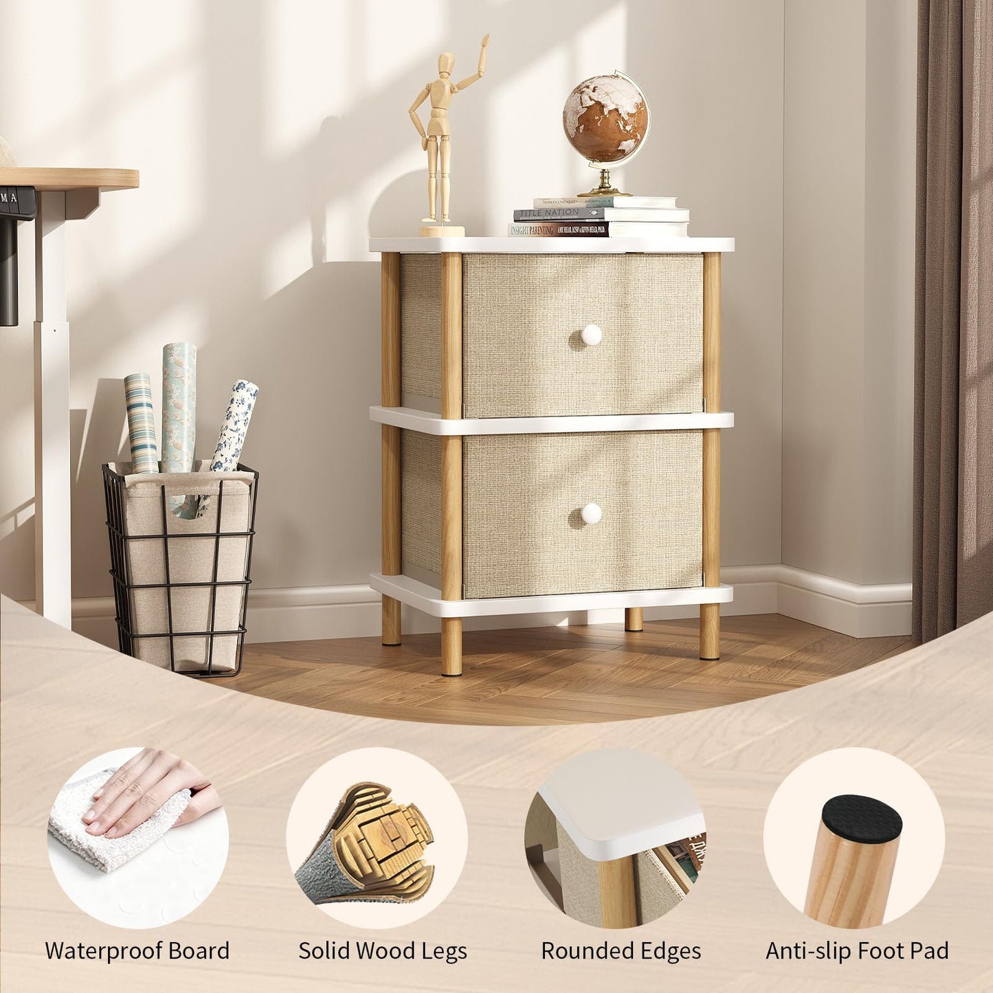 Apicizon Nightstand with 2 Storage Drawers, Boho Side Table with Solid Wood Legs, End Table for Small Spaces, Bedroom, Living Room, Entryway, White+Natural