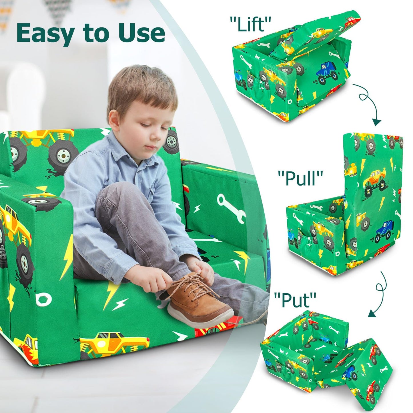 Beavtaens Kids Couch, 2-in-1 Kids Fold Out Sofa, Convertible Toddler Couch to Lounger for Girls and Boys, Soft Toddler Chairs Comfy 1-3 Years Old (Green Monster Truck)