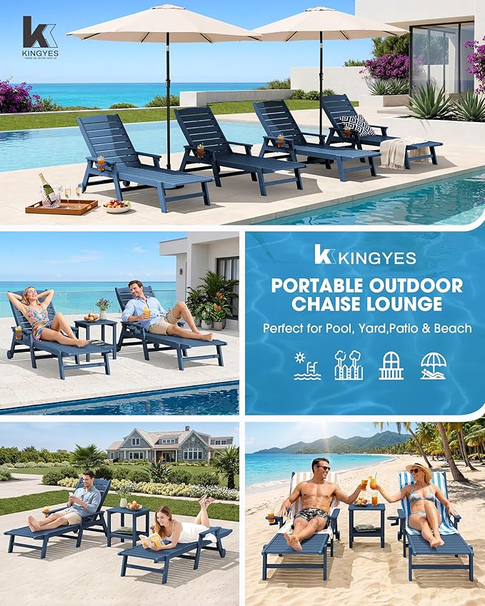 KINGYES HDPE Lounge Chair Outdoor Set of 2, Patio Chaise Lounge Recliner