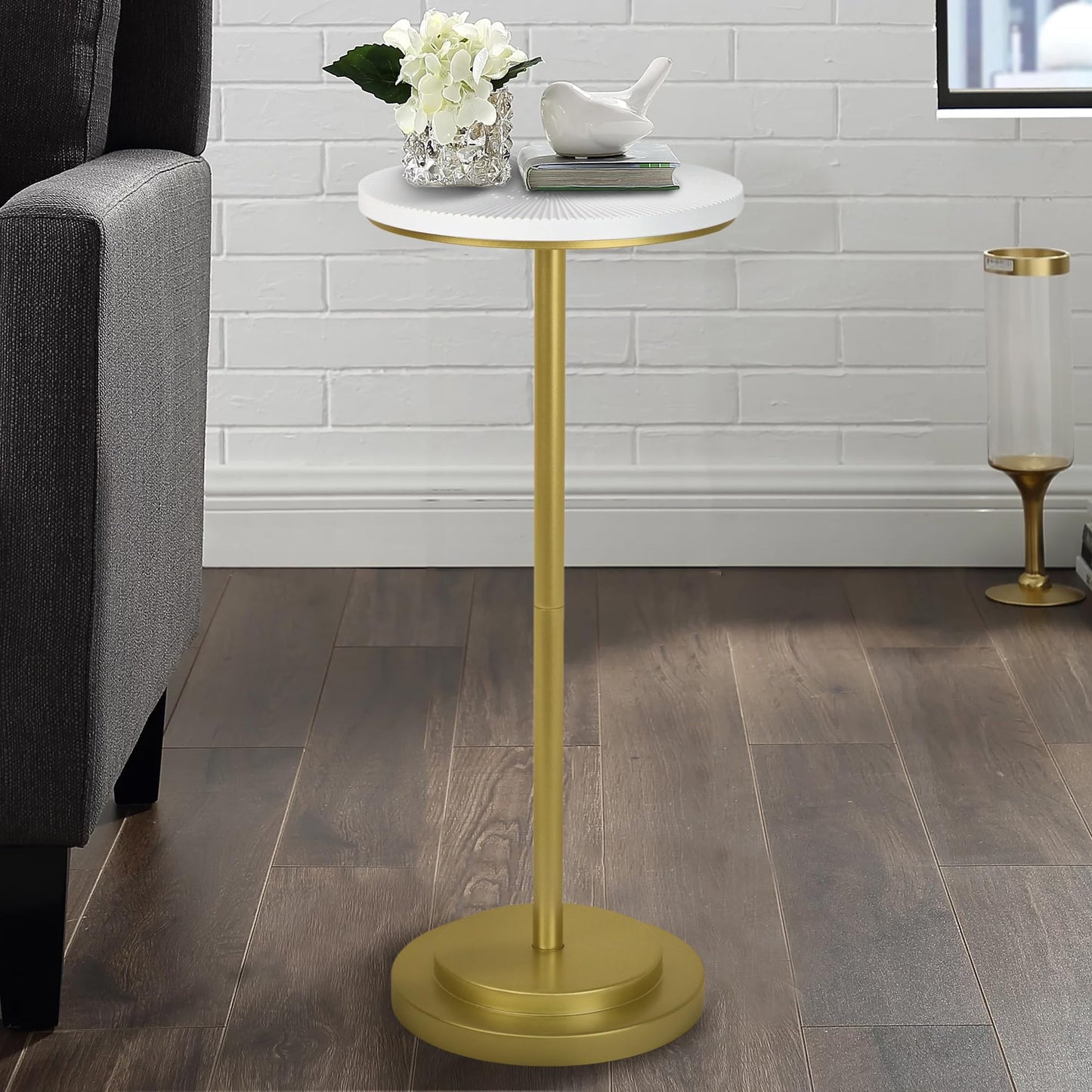 COVLON Drink Table, Carved Table Top Small Pdestal Martini SideTable for Living Room, Bedroom, Modern, Weighted Base, White and Gold