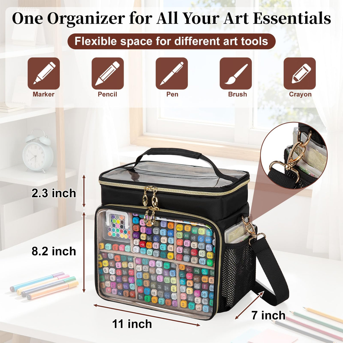 Wigojoy Large Marker Organizer Case for 200-300 Markers, Double-Layer Marker Bag with Removable Dividers, Marker Organizer for Markers, Pencils, Crayons or Other Art Supplies, Black (Bag Only)