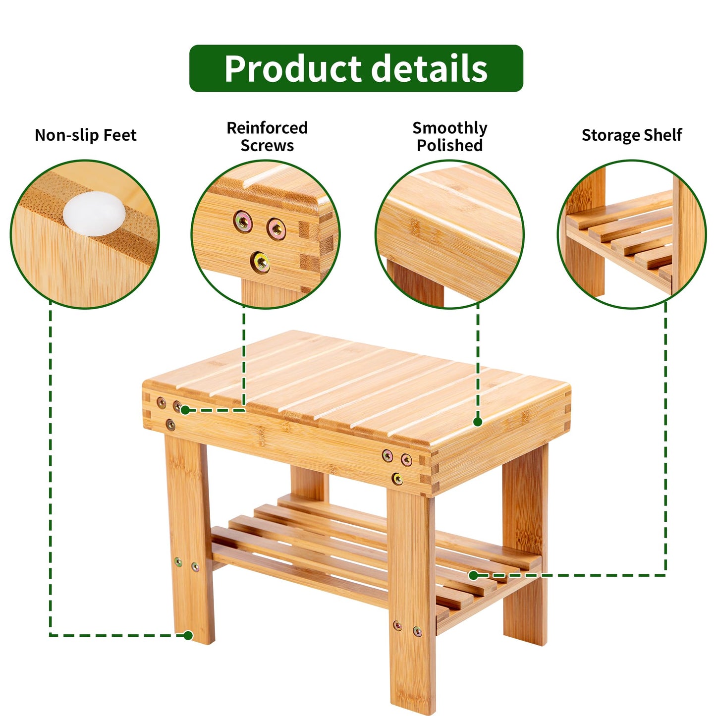 VaeFae Bamboo Small Seat Stool for Kids, Foot Rest Shaving Stool,Storage Shelf, Durable Lightweight and Anti Slip, for Home, Bathroom,Bedside | Nursery School