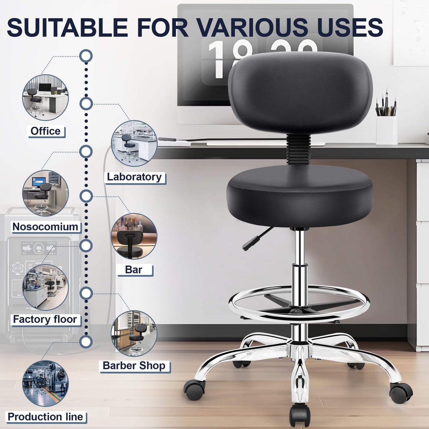 Brick Attic Drafting Chair with Backrest – Adjustable Foot Rest Rolling Stool with Wheels, PU Leather Swivel Stool for Office Spa Studio Lab Counter Salon Home Work Bar Kitchen Shop(Silver)