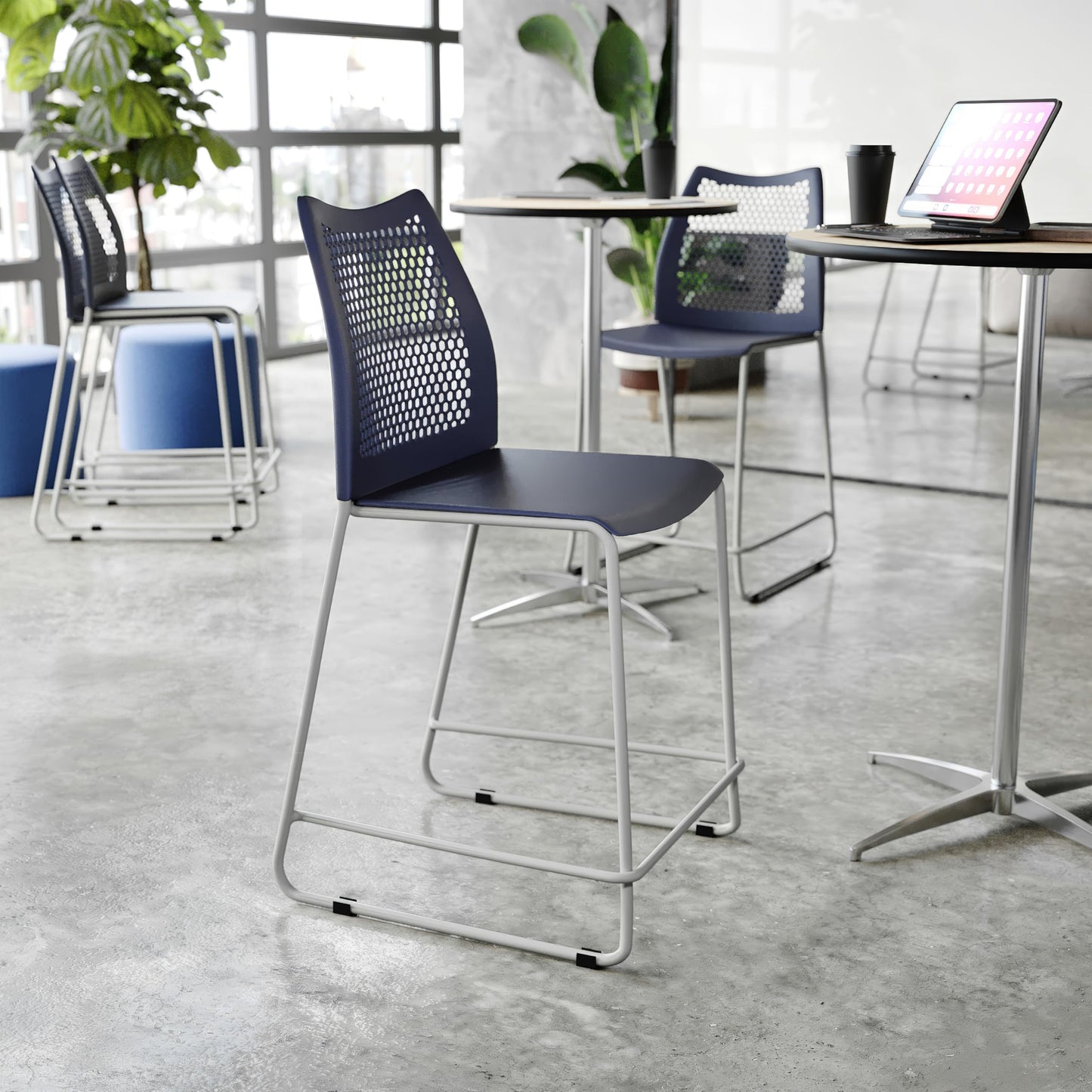 Flash Furniture Hercules Stacking Counter Height Stool with Vented Backrest and Gray Powder Coated Steel Sled Base with Integrated Footrest, Commercial Portable Stool, Set of 3, Navy
