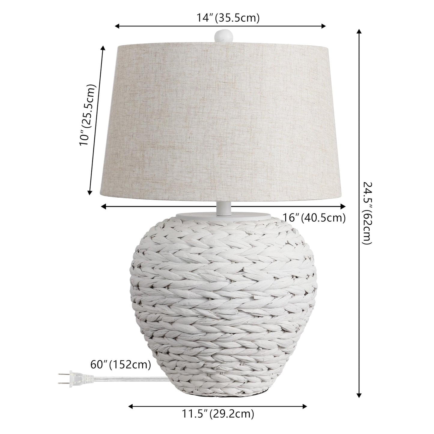 JONATHAN Y 24.5" White Water Hyacinth Farmhouse Basket Table Lamp, Coastal Decor for Living Room Bedroom Nightstand, Light Gray Linen Shade, LED Bulb Included (JYL6501C)