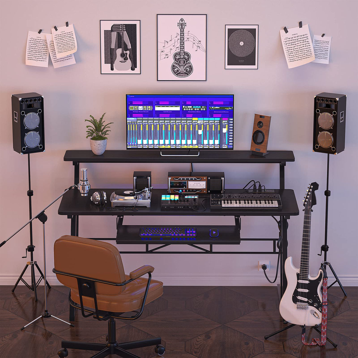 Armocity Music Studio Desk, Music Production Workstation with Power Outlets, Recording Studio Table Desks Music Producer for Home, Black