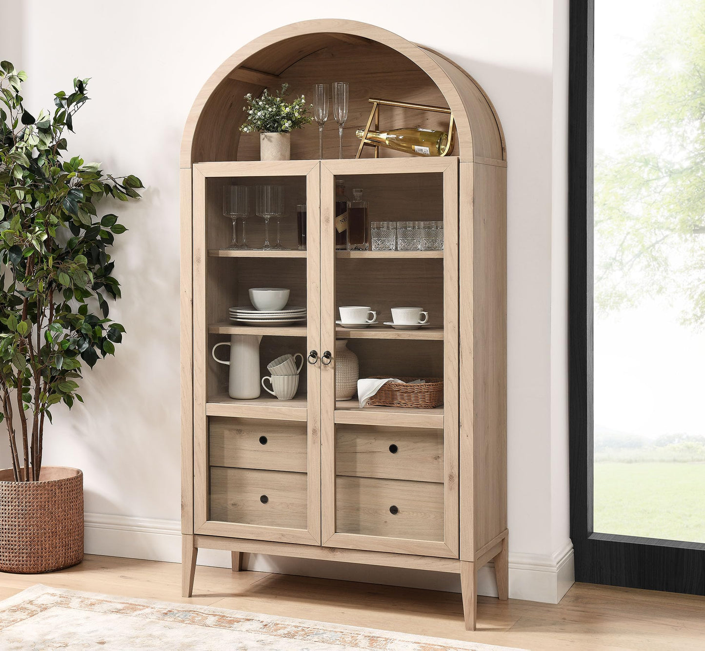 Modway Nolan Tall Arched Storage Display Cabinet in Light Oak - 74 Inch Arch Bookshelf with Glass Doors, Shelves and Drawers - Modern Accent Cabinet for Living Room, Dining Room