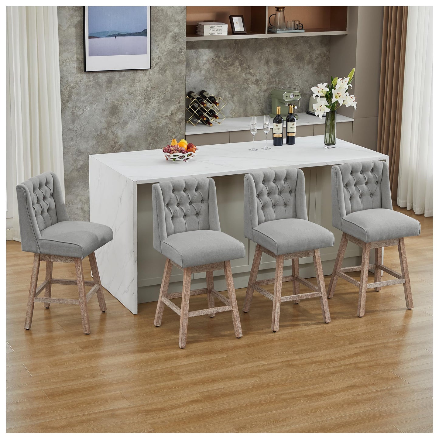 UDAX 26" Swivel Bar Stools Set of 4, Counter Height Barstools with Back, Linen Fabric Upholstered Bar Stools, Modern Barstools Wood Legs for Kitchen Island Dining Room Bar