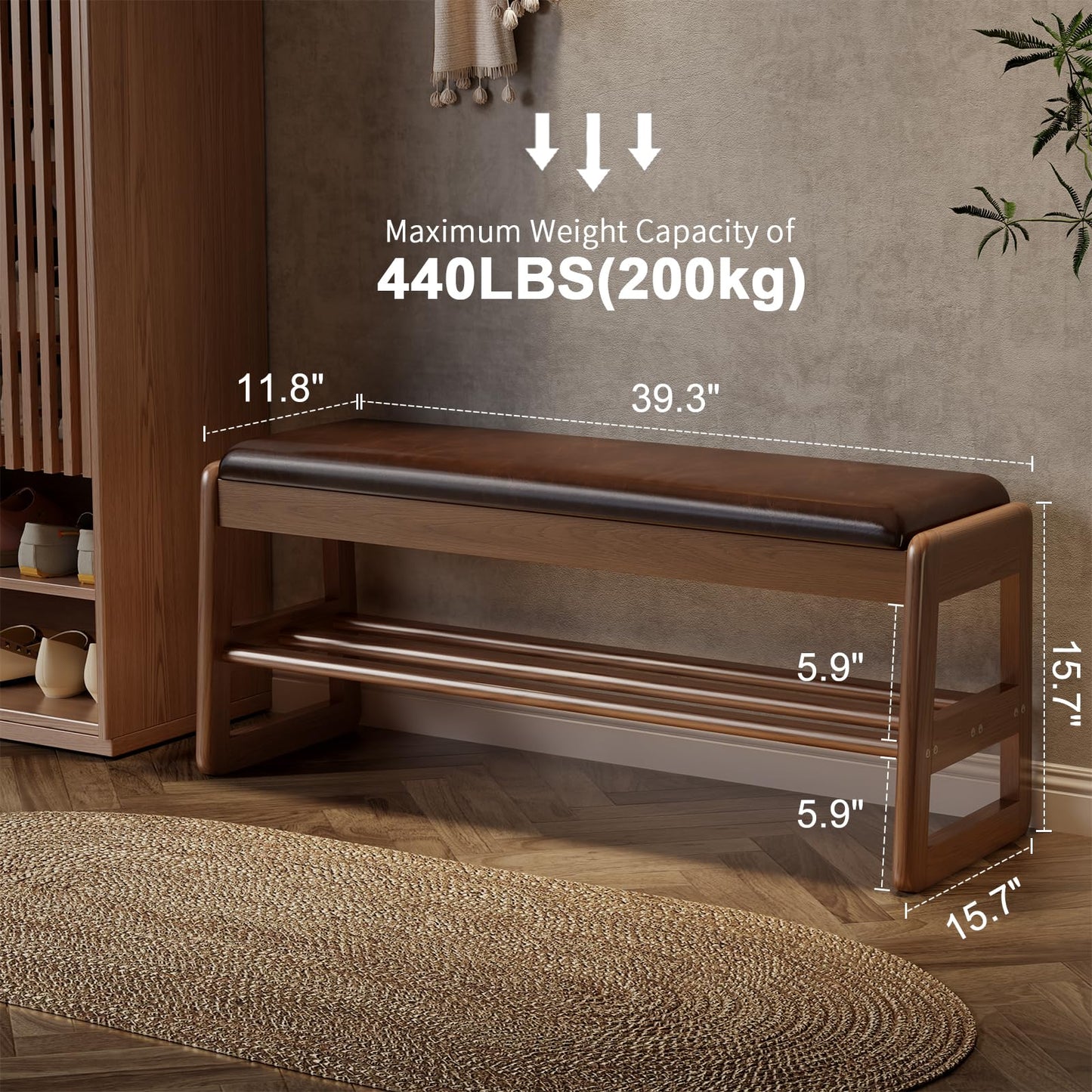 AQIMUELE Shoe Rack Bench,2 Tiers Shoe Bench with Storage with Flip-Top,Wood Shoe Rack for Entryway,Hallway（Dark Walnut Upholstered Seat,11.8" D x 39.3" W x 15.7" H）