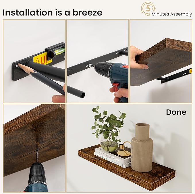 Fun Memories Floating Shelves for Wall, 72 Inch Long Set of 2 Rustic Wood Wall