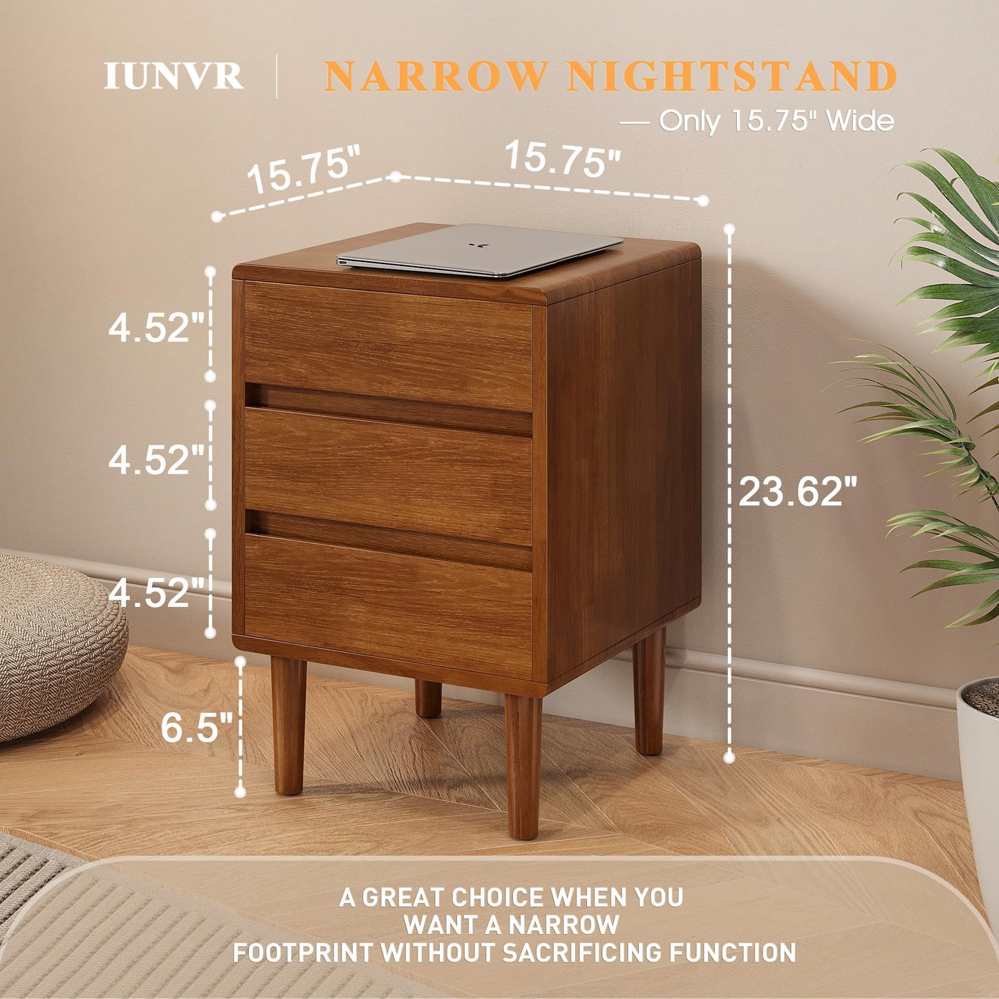 Nightstand with 3 Drawers Narrow Night Stand Solid Wood Bedside Table Mid Century Modern Nightstand Wooden End Table for Bedroom, Study, Office