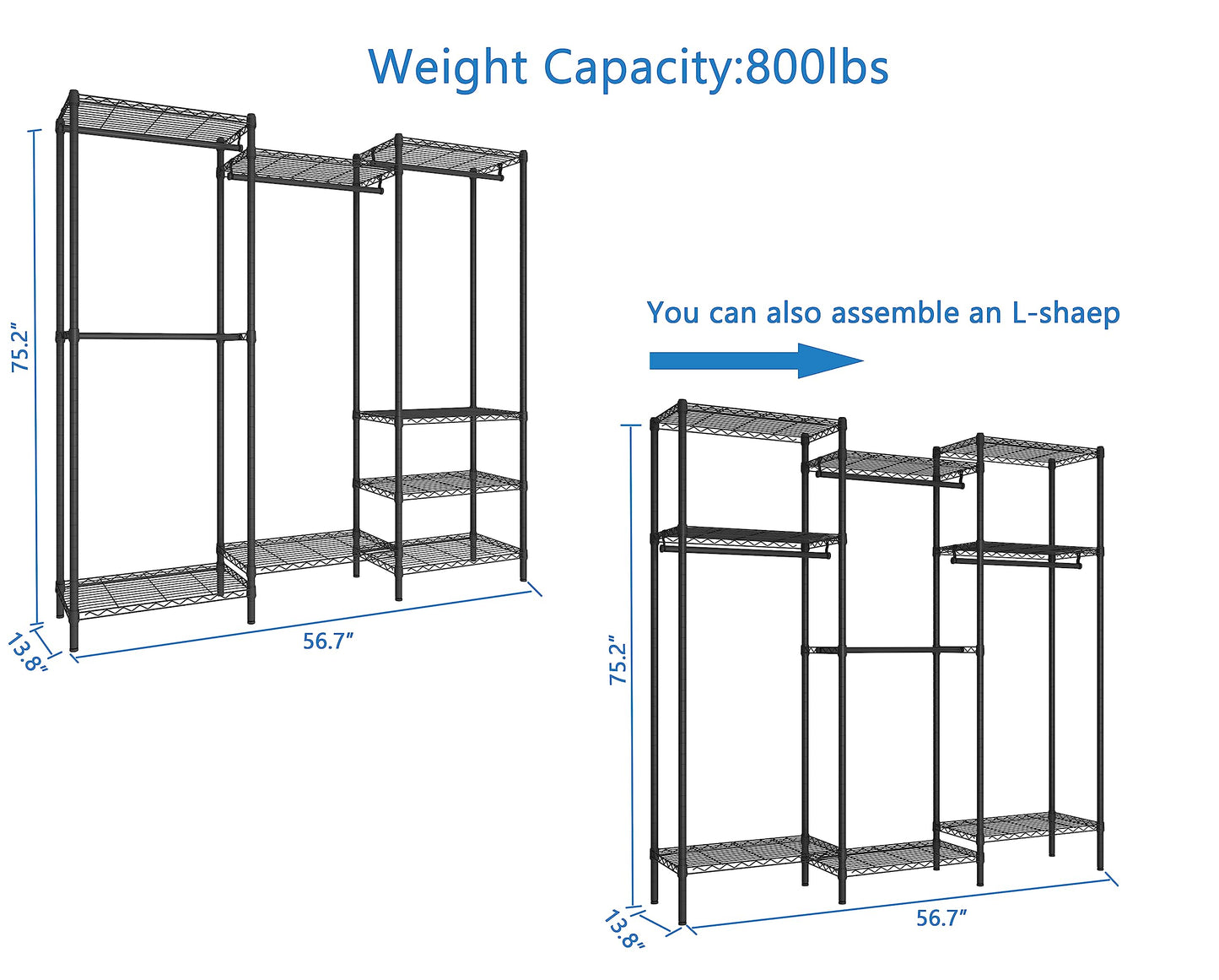 Serxis Portable Closet Clothes Rack, Freestanding Clothing Rack, Metal Garment Rack,Adjustable Custom Closet Rack, 56.7" L x 13.8" W x 75.2" H, Max Load 700LBS, Small(Black)