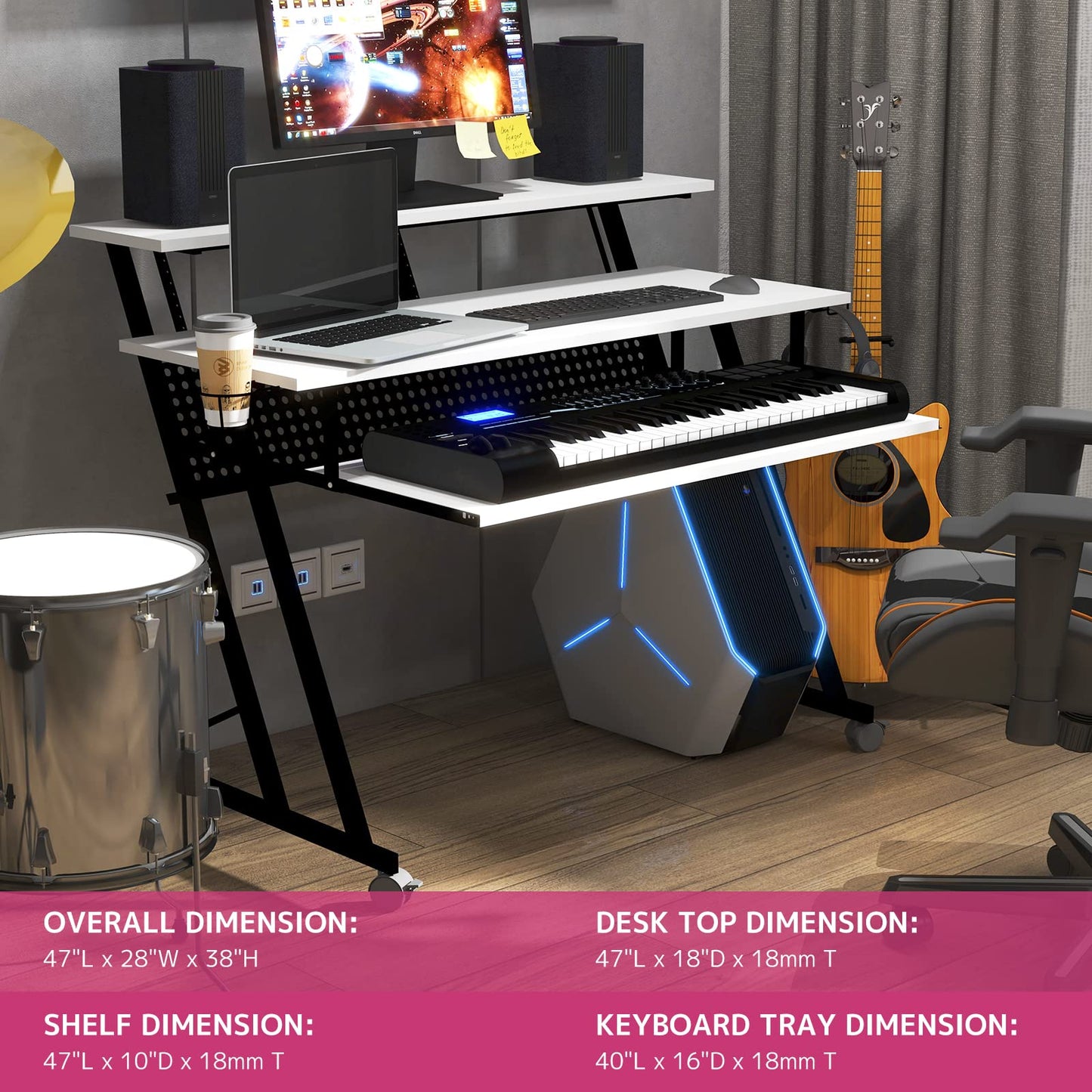 Acme Suitor Wooden Top Music Recording Studio Desk in White and Black