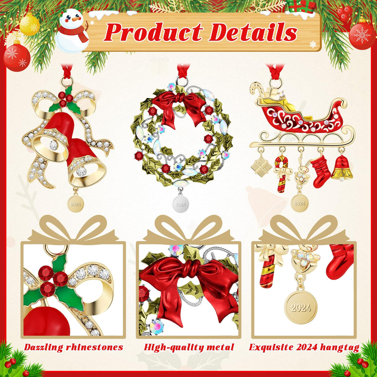 3 Pcs 2026 Christmas Crystals Hanging Ornaments Snowflake Snowman Holiday Ornament Shimmer Metal Bell Wreath on Ribbon with Gift Box for New Year Gift Xmas Tree Sun Catcher Home Hanging Decor(Holiday)
