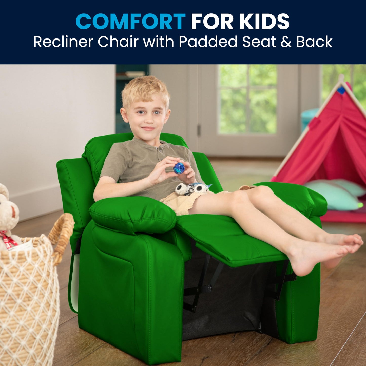 Flash Furniture Charlie Vinyl Kids Recliner with Flip-Up Storage Arms and Safety Recline, Contemporary Reclining Chair for Kids, Supports up to 90 lbs., Green