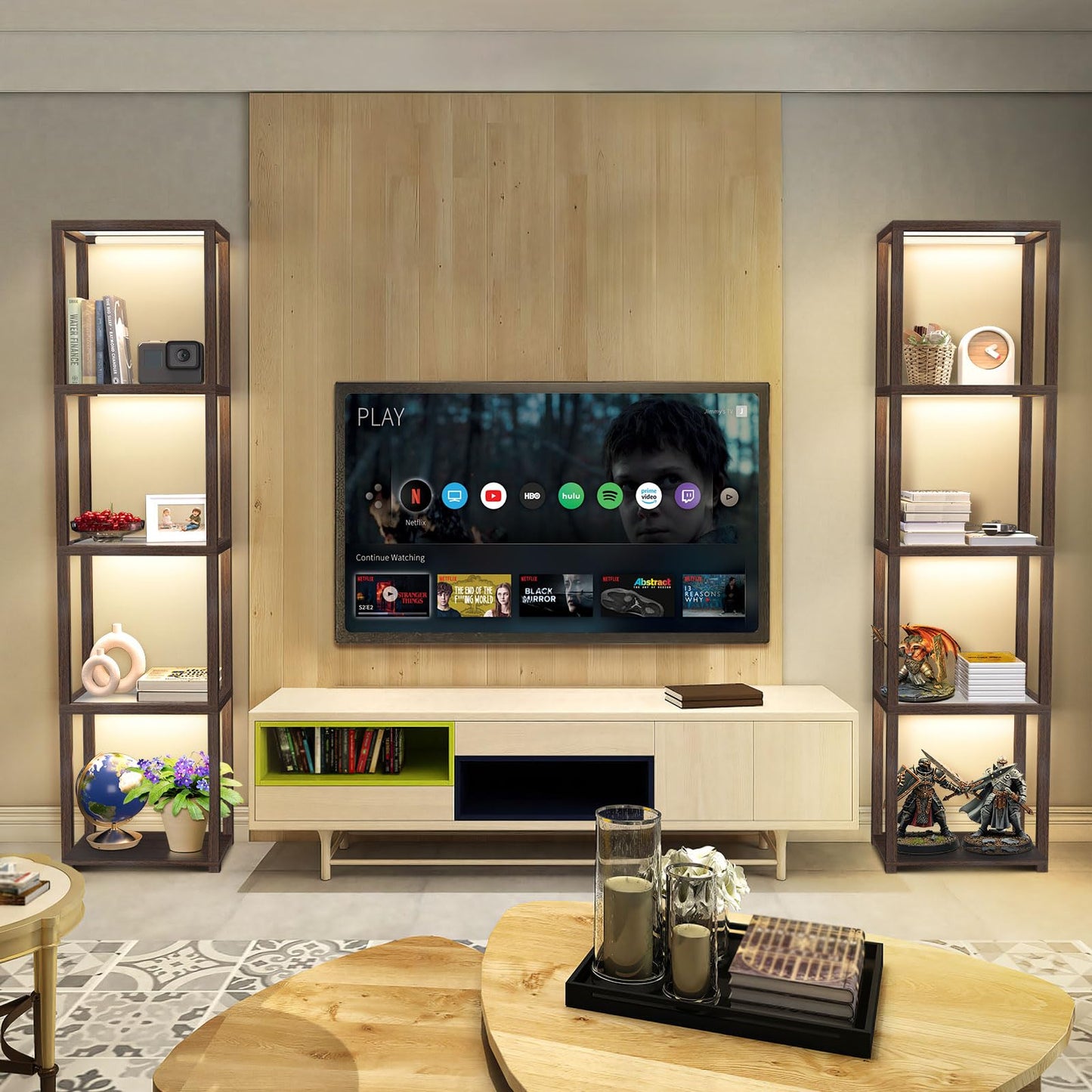 OUTON 67" Glass Display Shelf with Dimmable LED Floor Lamp, Collectibles Display Cabinet with Remote & App Control, 5 Tier Open Bookshelf Lamp for Living Room, Bedroom, Office, Home Decor, Walnut