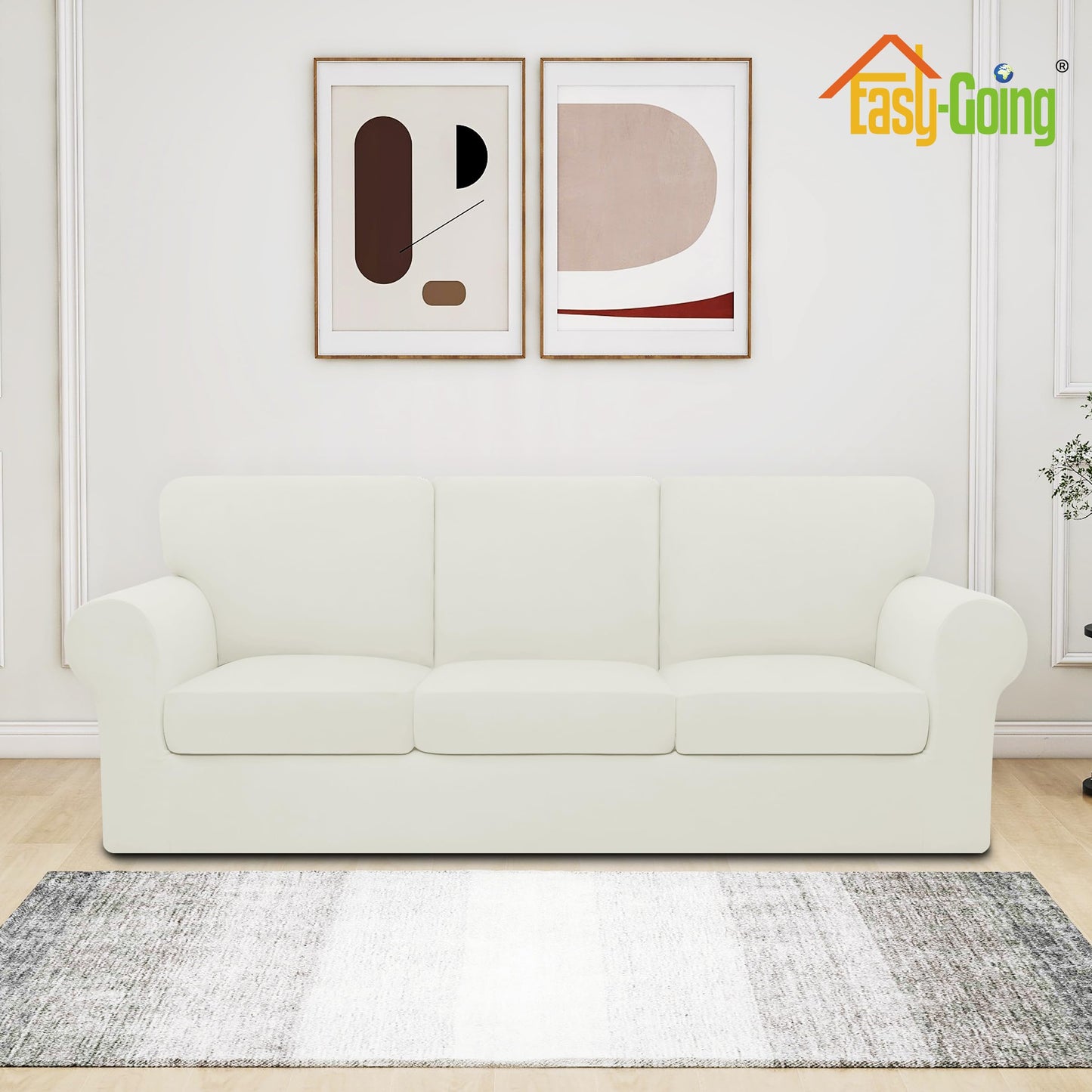 Easy-Going 7 Pieces Stretch Couch Cover Washable Sofa Cover Set for 3 Backrest and Seat Cushion Couch Anti-Slip Sofa Slipcover Furniture Protector with Elastic Bottom (Large, Ivory)