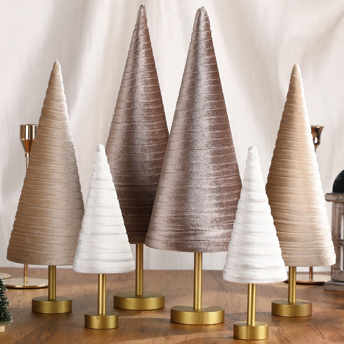 Hoolerry 6 Pcs Christmas Velvet Trees with Gold Pedestal Christmas Velvet Cones Tree Mantel Decor Modern Rustic Winter Home Minimalist for Holiday Entryway Table Wedding Centerpiece(Gold Brown)