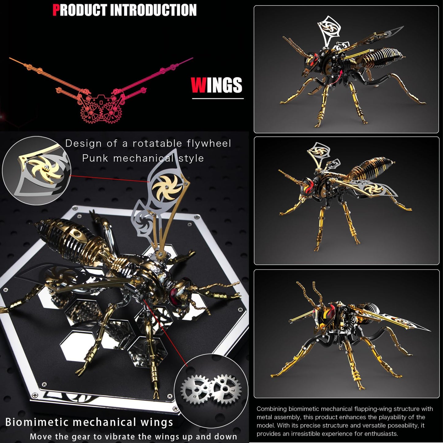 3D Metal Wasp Puzzles for Adults, Black Model Kits Mechanical Building Blocks, Difficult DIY for Assembly Gifts for Men