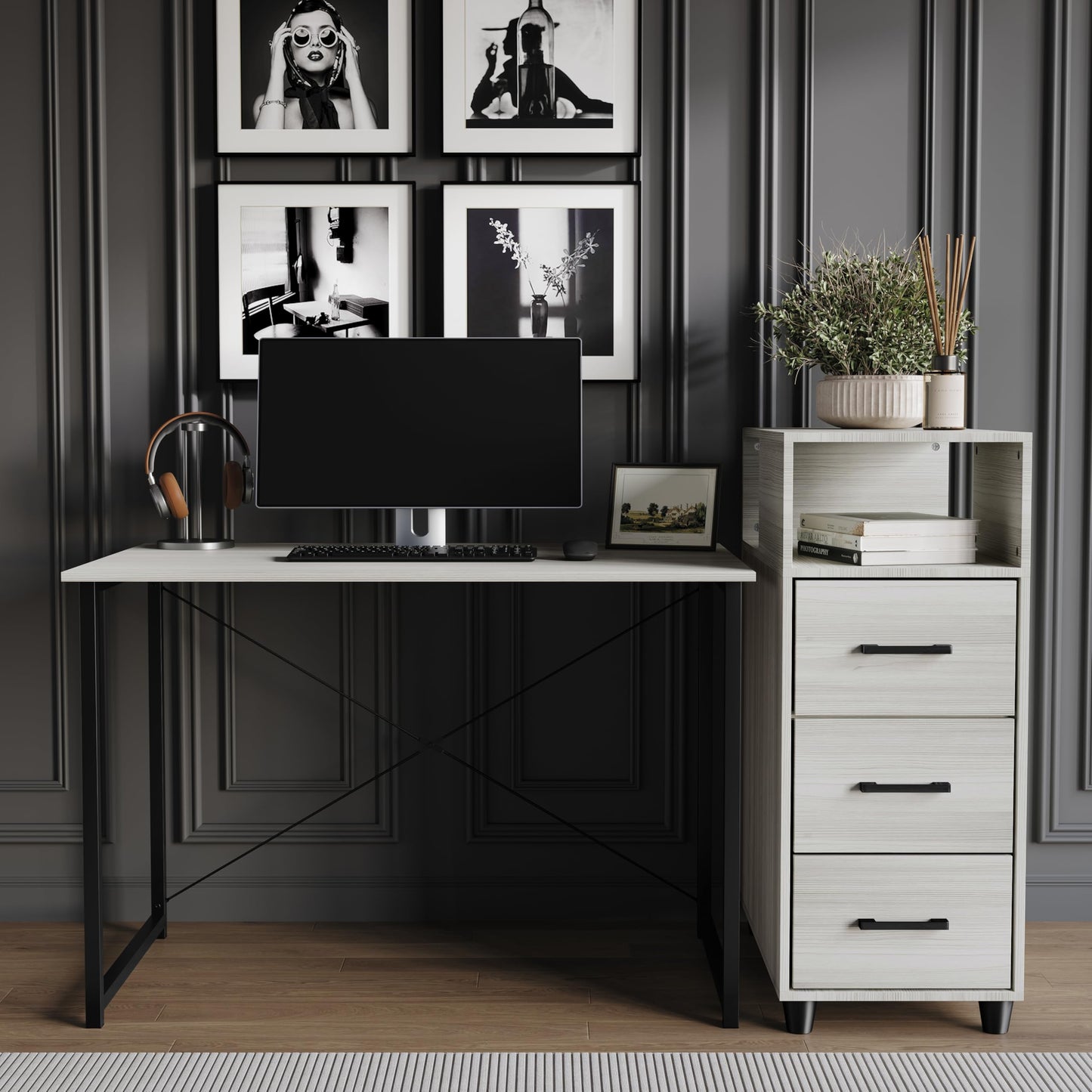 Castle Place Wooden Writing Desk with Sturdy Metal Frame, Movable Side Cabinet and 3 Drawers, Light Grey
