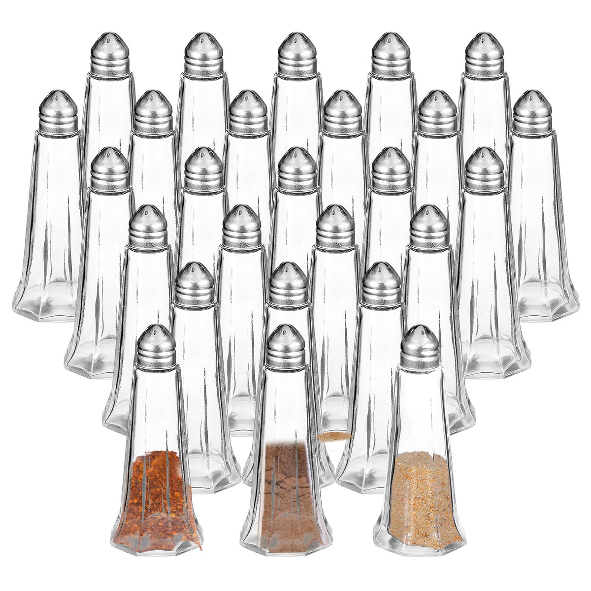 24-Pack Glass Salt and Pepper Shakers Bulk with Stainless Steel Lids Mini Funnel - 1oz Tower Spice Shakers for Kitchen, Restaurant, Home Seasoning Supplies