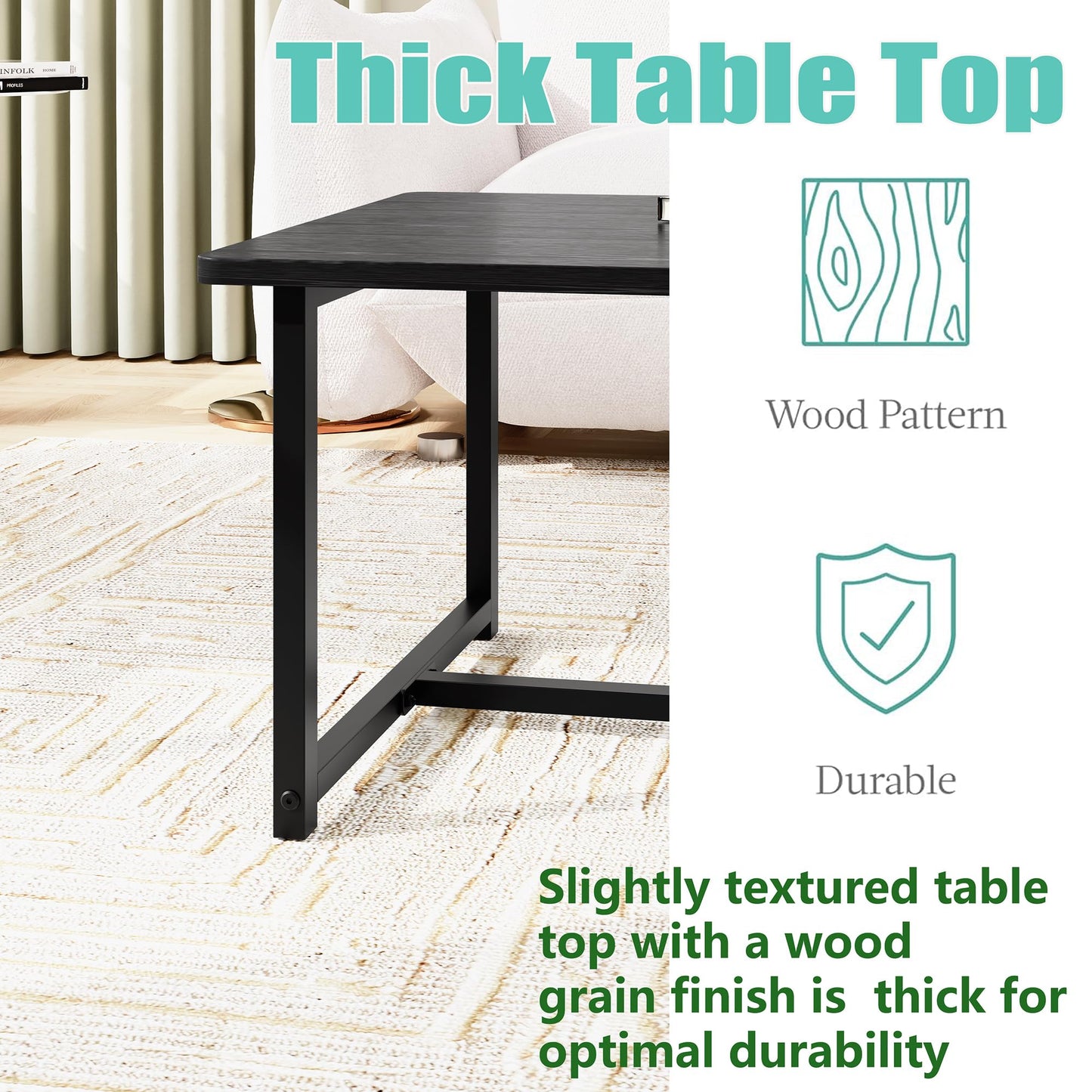 Coffee Table for Living Room, Modern Rectangular Center Coffee Tables for Small Space, Industrial Furniture, Sofa End Tables/Tea Table/Center Table, Couch Table with Metal Black Frame Black Top