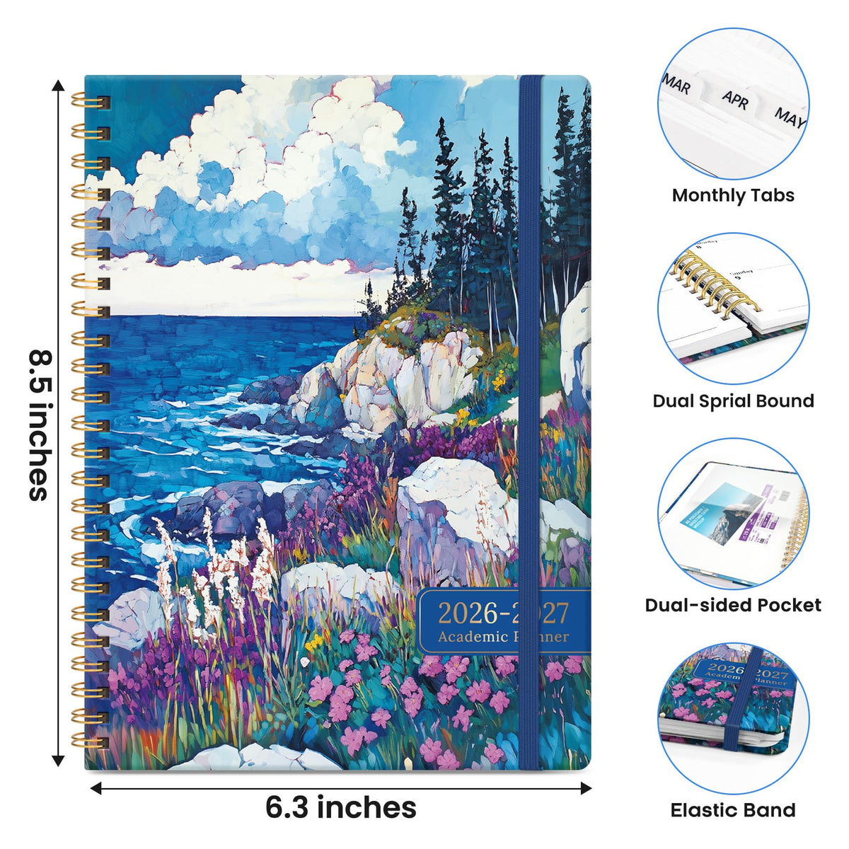 Academic Planner 2026-2027, Monthly and Weekly Calendar Planner, July 2026 - June 2027, Pretty Hardcover Teacher Student Planning Agenda Book with Tabs, Fit for School Office Supplies, 6.3" x 8.5", Coastal Wilds