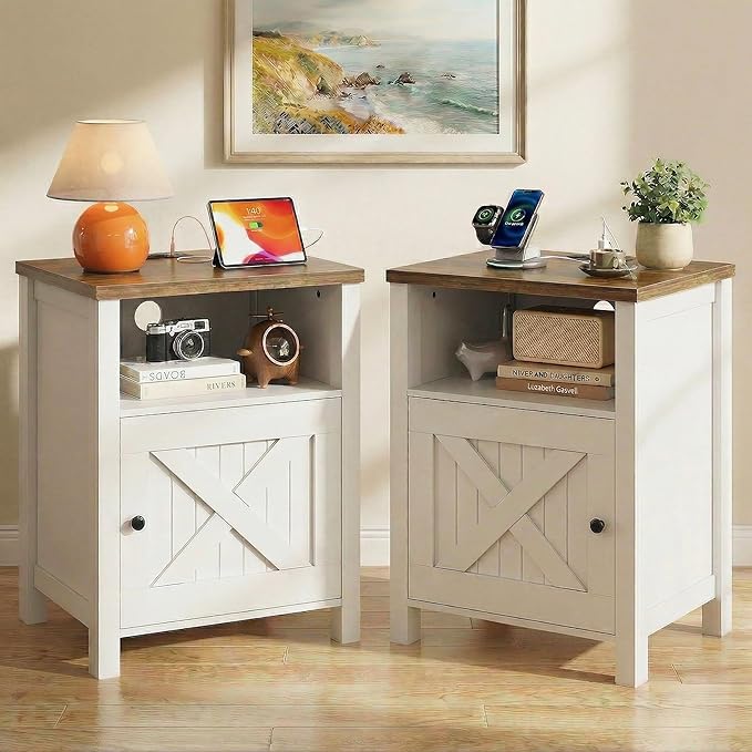 Marsail Farmhouse Nightstand Set of 2, Wood Bedside Table