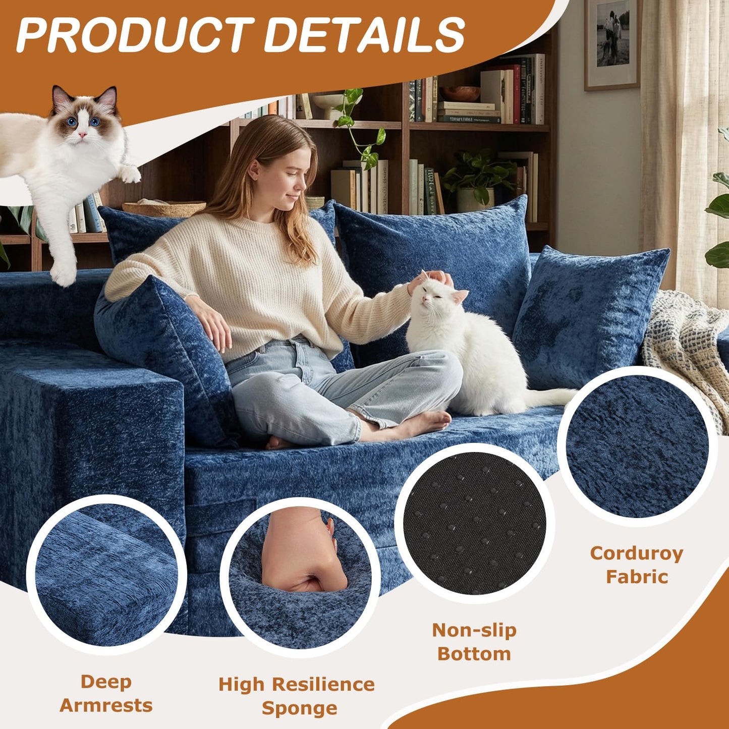 AOLVDOW Convertible Sofa Bed, 5 in 1 Small Boneless Couch Pull Out Loveseat Sleeper Sofa,Corduroy Futon Couch Folding Mattress with 4 Pillows for Living Room