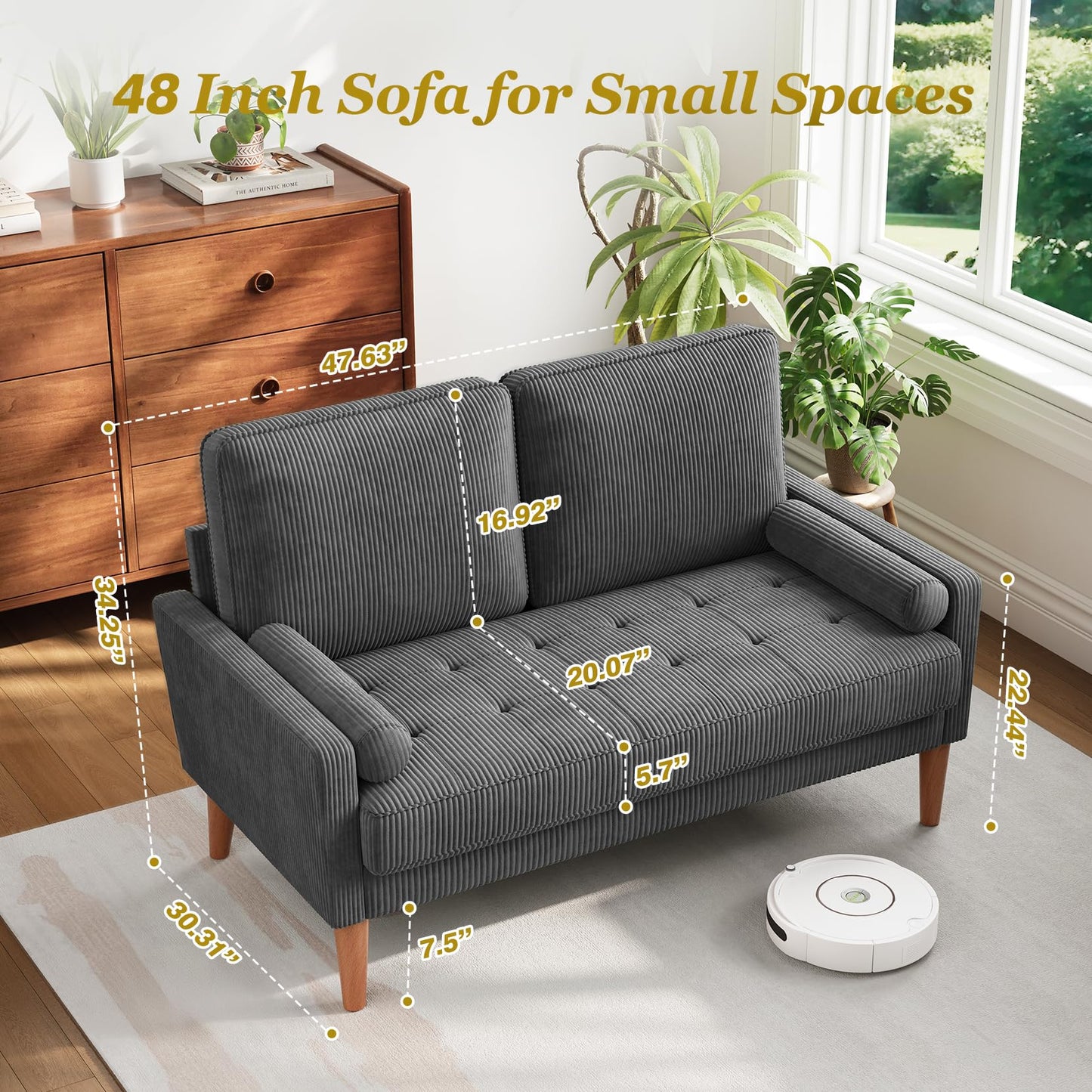 Vesgantti Loveseat Sofa with Solid Wood Legs, Small Corduroy Couches for Small Spaces, Mid Century Modern Love Seat for Living Room, Bedroom, Easy Assembly with Throw Pillow, Grey