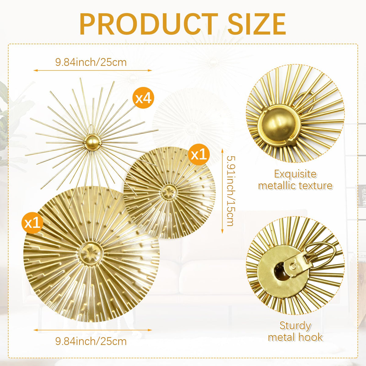 Yudlto 6 Pcs Gold Wall Decor Set, Modern Metal Starburst Radial Plate Wall Art, Gold Metal Hanging Decor for Living Room Bedroom Bathroom Office