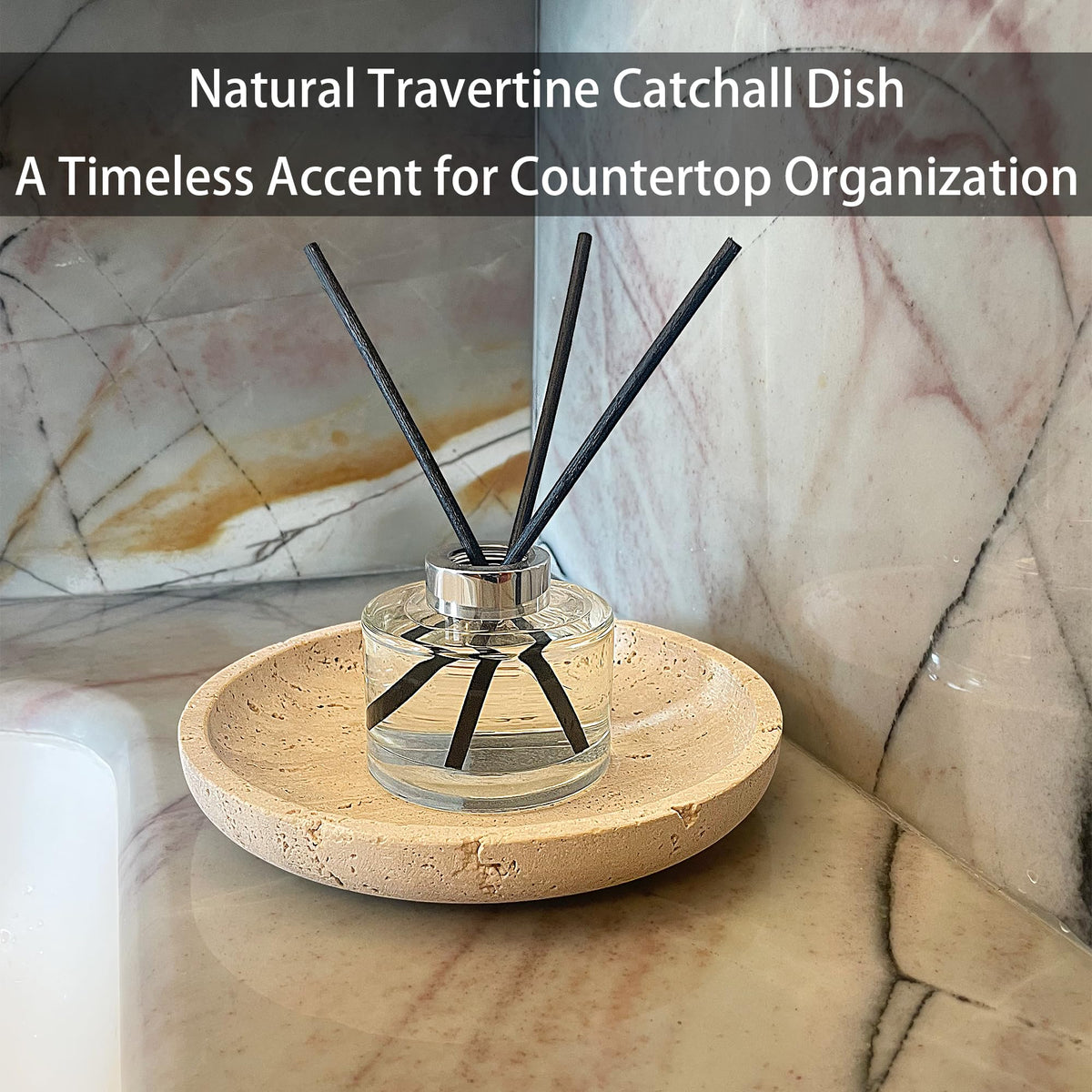 Natural Travertine Round Decorative Tray - 8-inch Beige Stone Vanity Bowl, Anti-Slip Organizer Plate for Bathroom, Kitchen, Home Décor, Candles, Jewelry Display, 3/4-inch Height