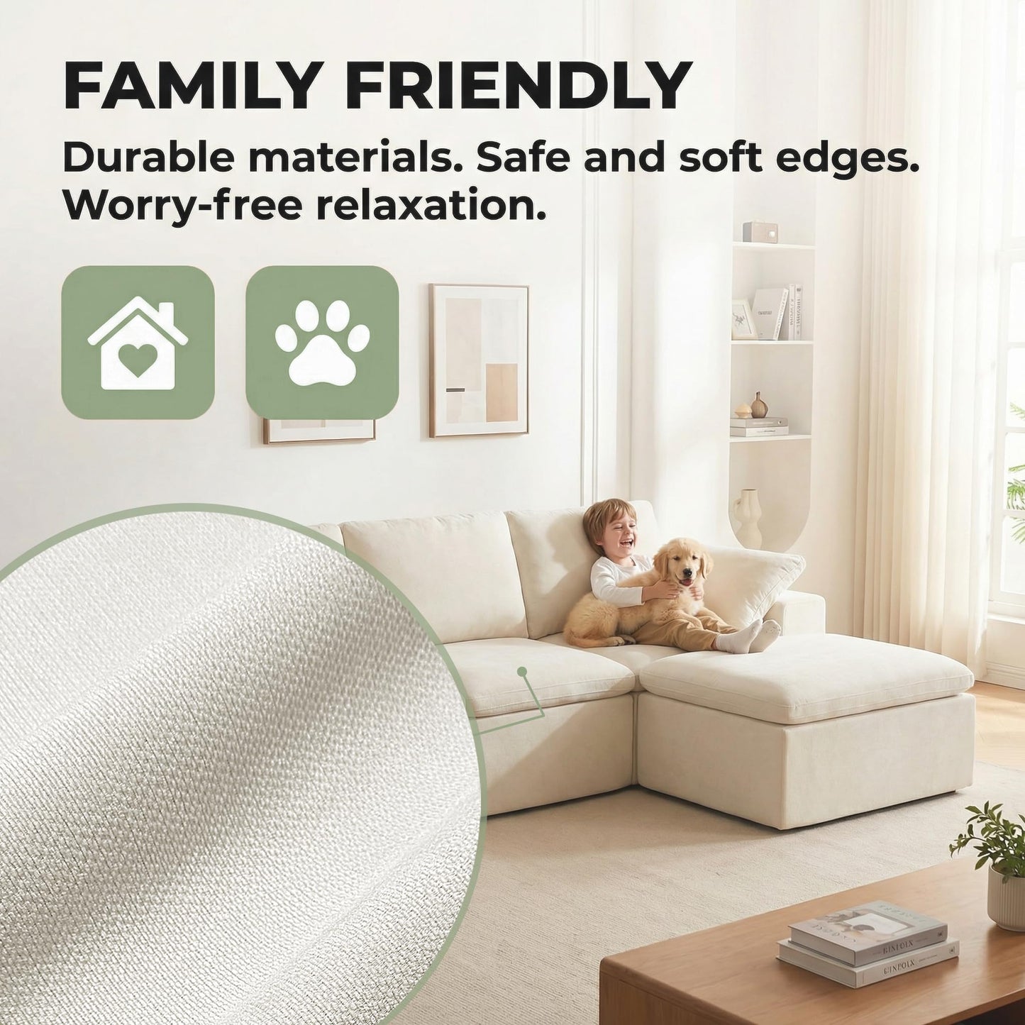 Nigoone 108" Sectional Couches for Living Room, Modular Cloud Sofa with Ottoman, No Assembly, Convertible L Shaped Boneless Couch, Adjustable Sofa Backrest, 4 Seater, Warm White Chenille
