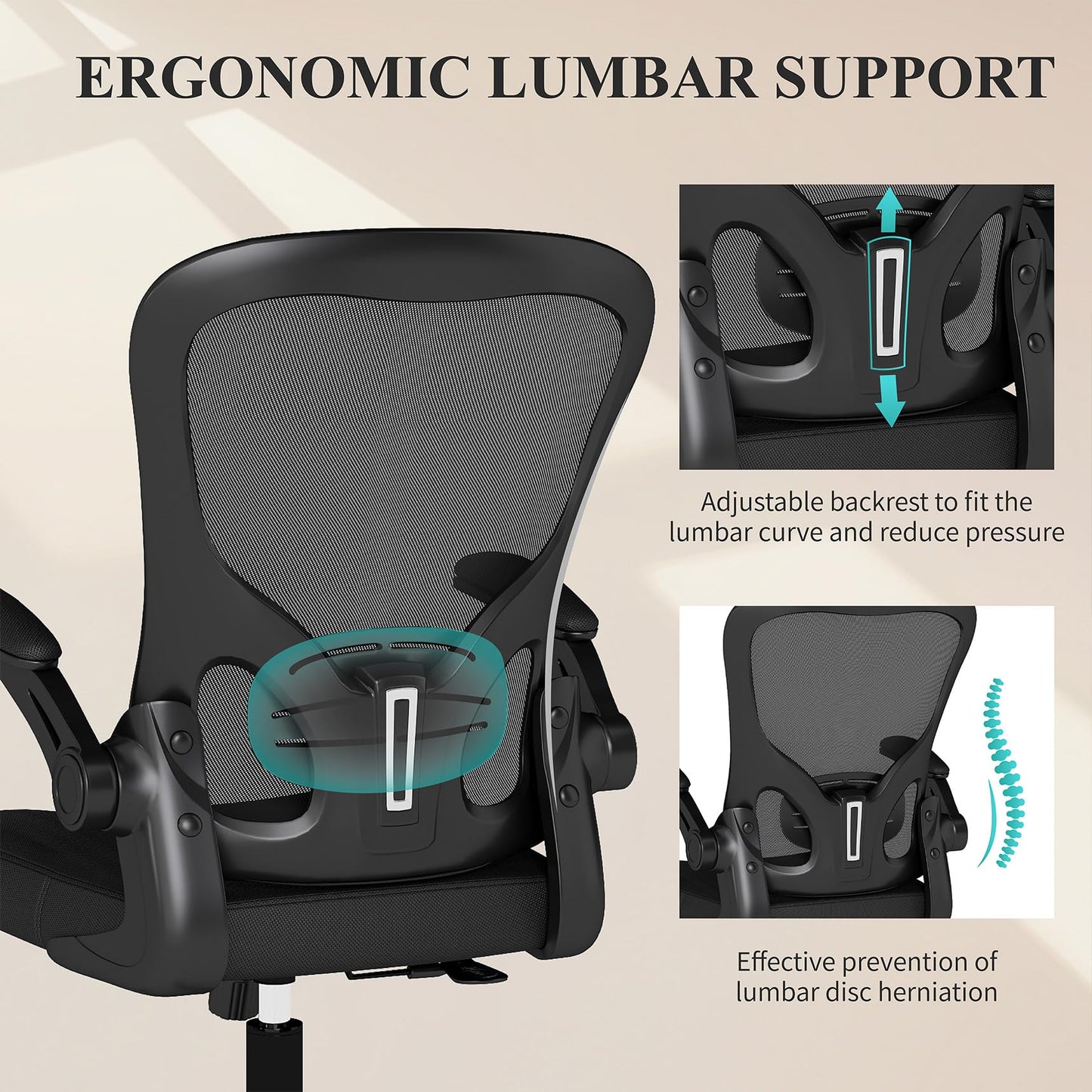 Flysky Mesh Office Chair, Ergonomic Computer Desk Chairs for Home Office - with Comfy/Comfortable Flip-up Arm Rests, Lumbar Support, Height Adjustable, 360 Degree Rolling Swivel (Black)