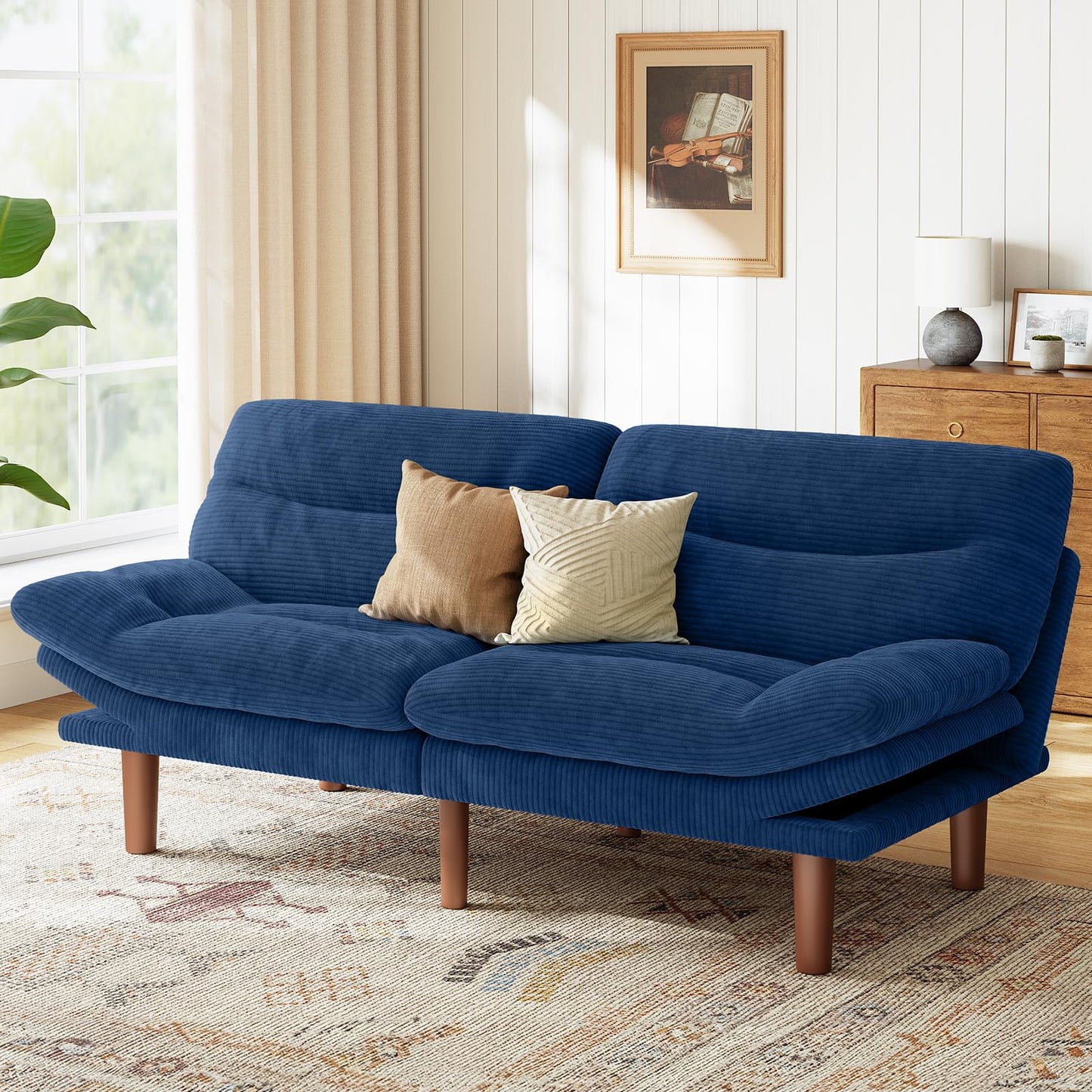 Marsail 66" Futon Sofa Bed, Convertible Corduroy Futon Couch with Adjustable Backrest & Armrests, Small Sleeper Sofa Loveseat for Living Room, Apartment, Blue