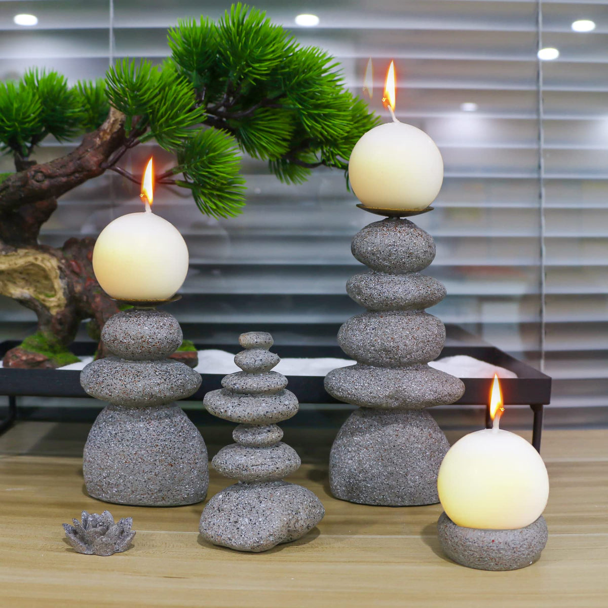Rock Cairns Candle Holder - Taper Pillar Candle Stick Holder Set of 5 - Balance Stones Candlestick Holders Candlelight Stand for Zen Garden, Altar, Mantle, Yoga, Home Decoration, Meditation Gift