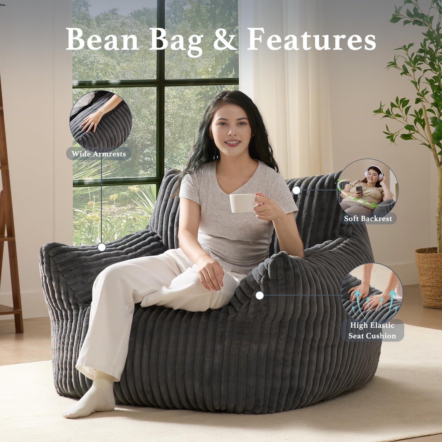 Giant Plush Bean Bag Chair for Adults with Armrests - Oversized Comfy Grey Beanbag Lounge Lazy Floor Sofa Accent Chair for Living Room, Bedroom & Dorm, Cozy Fluffy Single Cloud Mini Couch