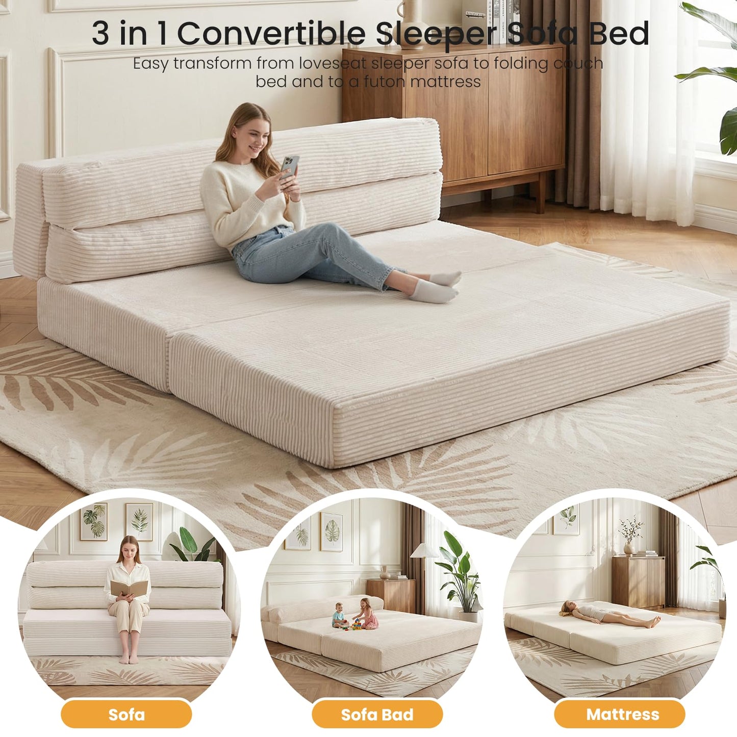 feliz home Folding Mattress, 3 in 1 Convertible Sofa Bed Fold Out Couch Bed Floor Couch Lounge Sleeper Mattress for Living Room, Guest Room (Beige, Full (Frame Included))