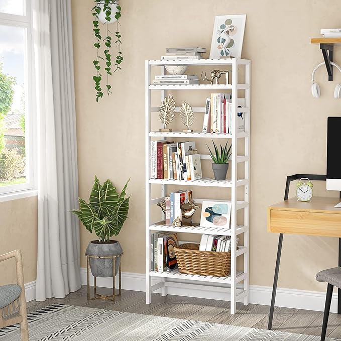 Homykic 6-Tier Bamboo Bookshelves and Bookcases, Adjustable 63.4”Tall Shallow