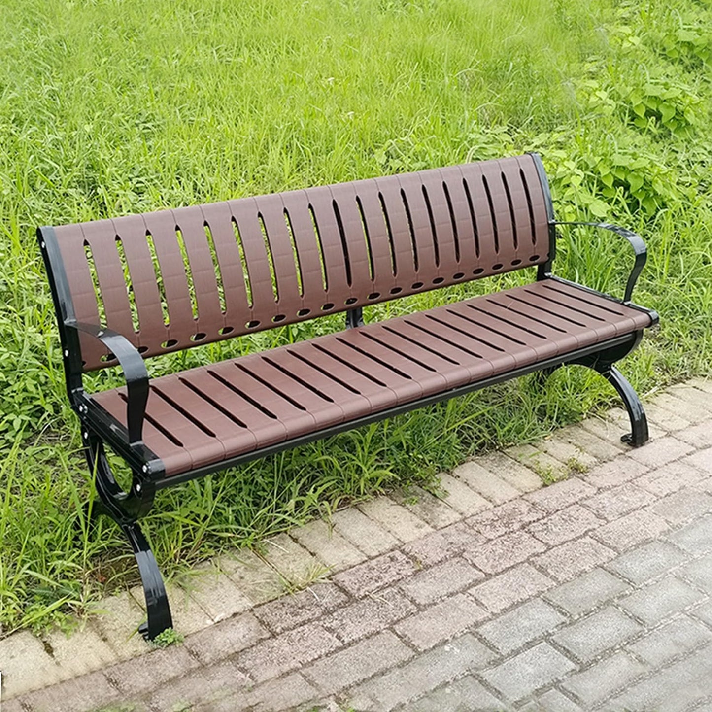 This Large Metal Patio Garden Bench - 180cm Slatted Seat Outdoor Furniture for Porch, Deck, Park, Yard, Entryway, Lawn - Stylish & Durable Seating Solution