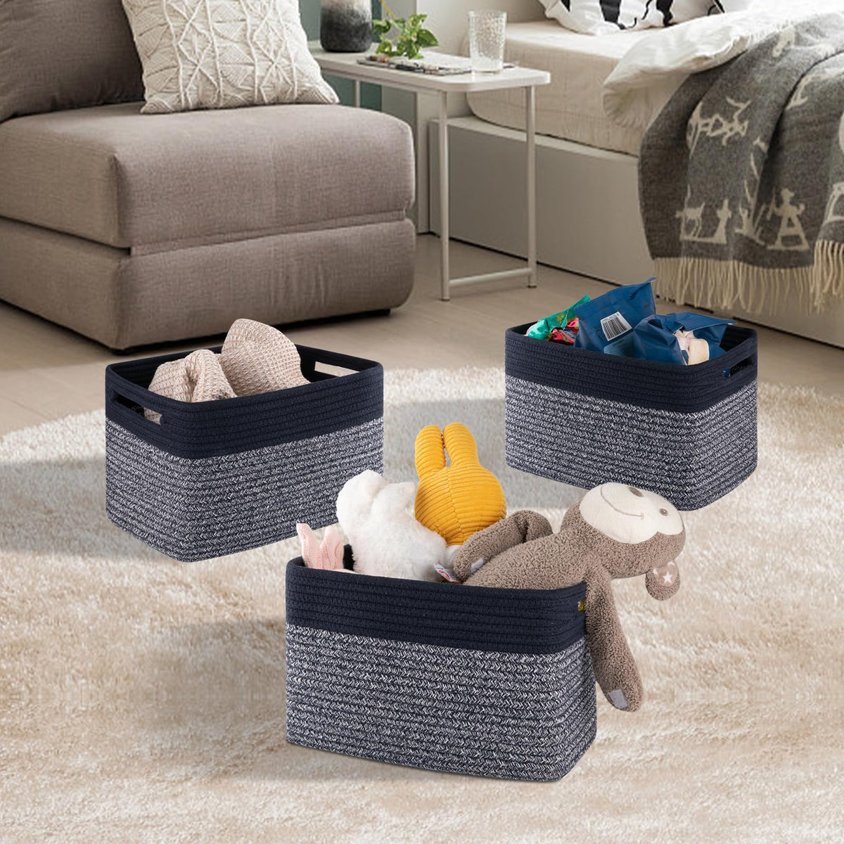SIXDOVE 4 Pack Storage Baskets for Organizing, Woven Baskets for Shelves - Perfect for Toys, Books, Towels, and Clothes, Durable Gift Basket Bins Toy Storage, 12.7''L x9''W x7.8''H, Blue and Grey