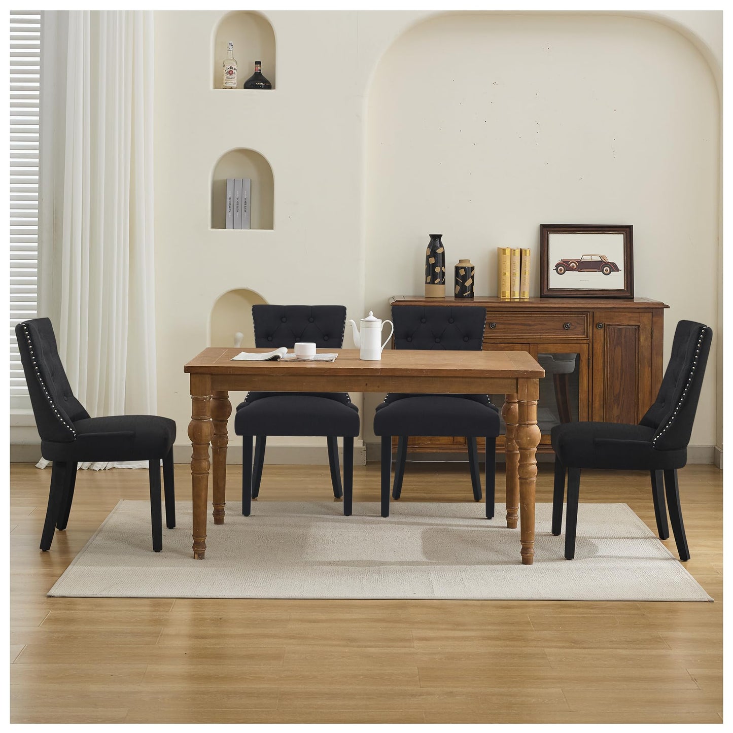 UDAX Modern Leisure Linen Dining Chairs Set of 4, Upholstered Dining Chair with Solid Wood Legs, Mid-Century Dining Room Chairs with Pull Ring and Tufted Backrest, Black